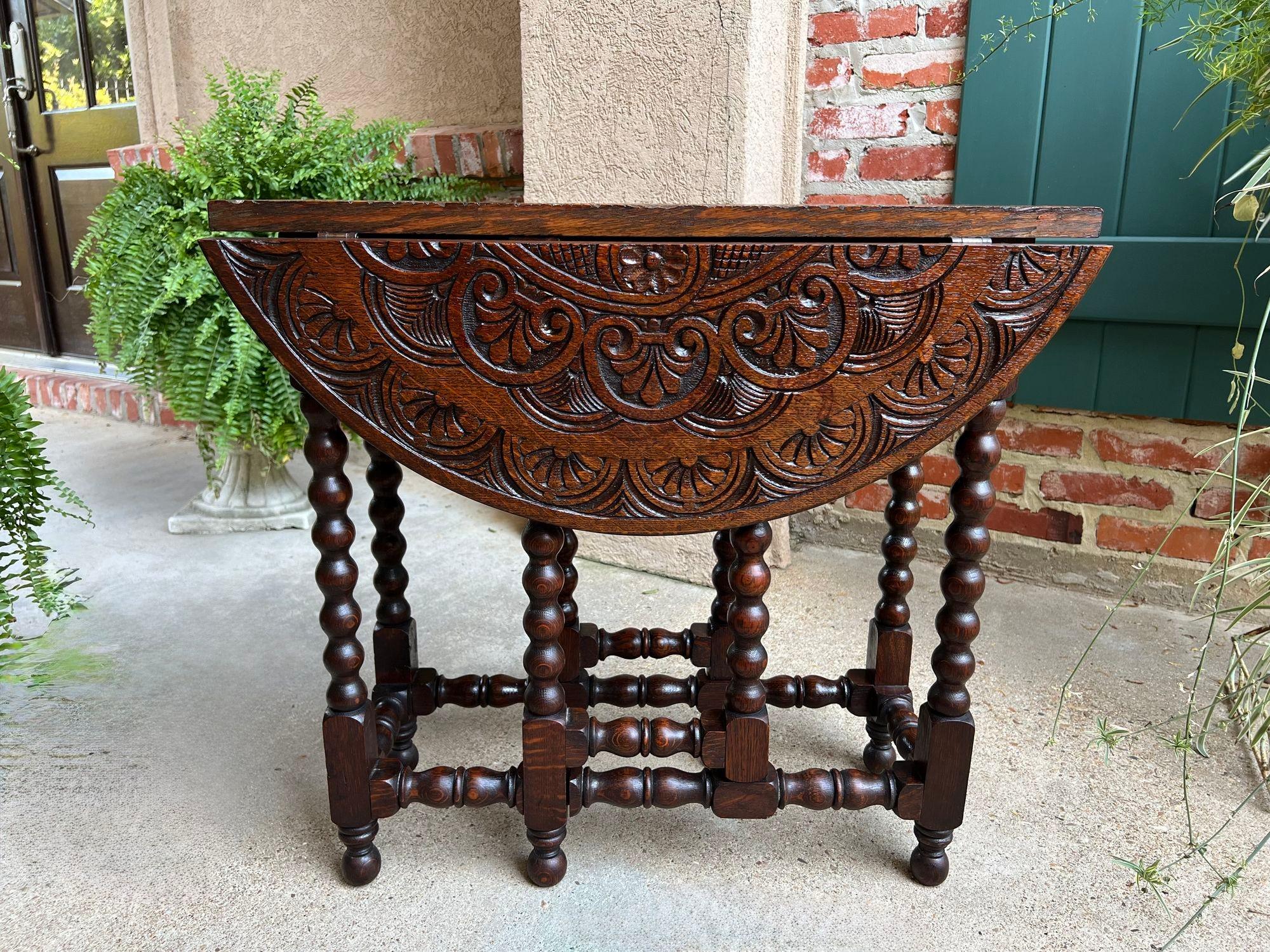 Early 20th Century Petite Antique English Drop Leaf Side Sofa Table Carved Oak Round top c1920