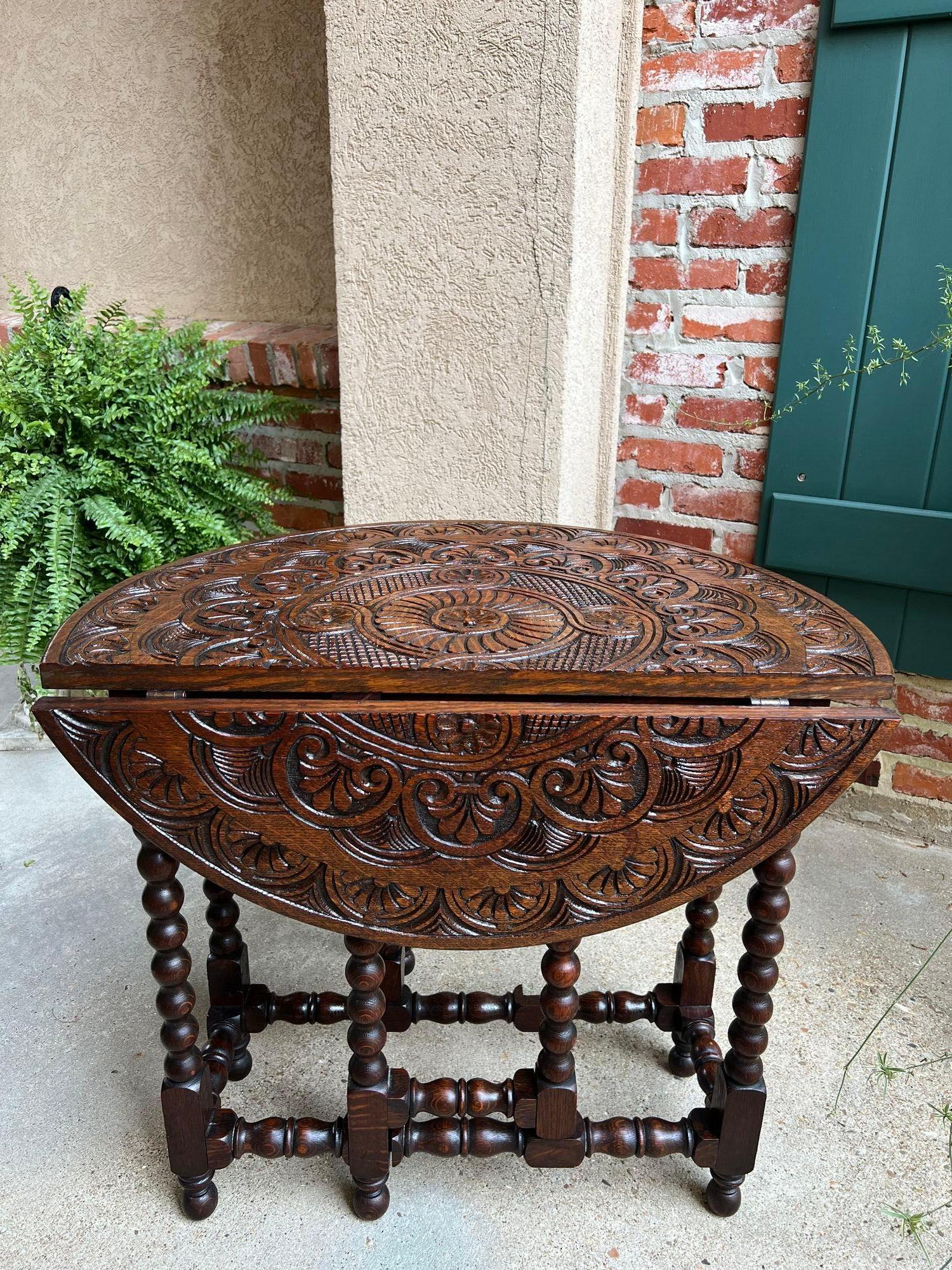 Petite Antique English Drop Leaf Side Sofa Table Carved Oak Round top c1920 1