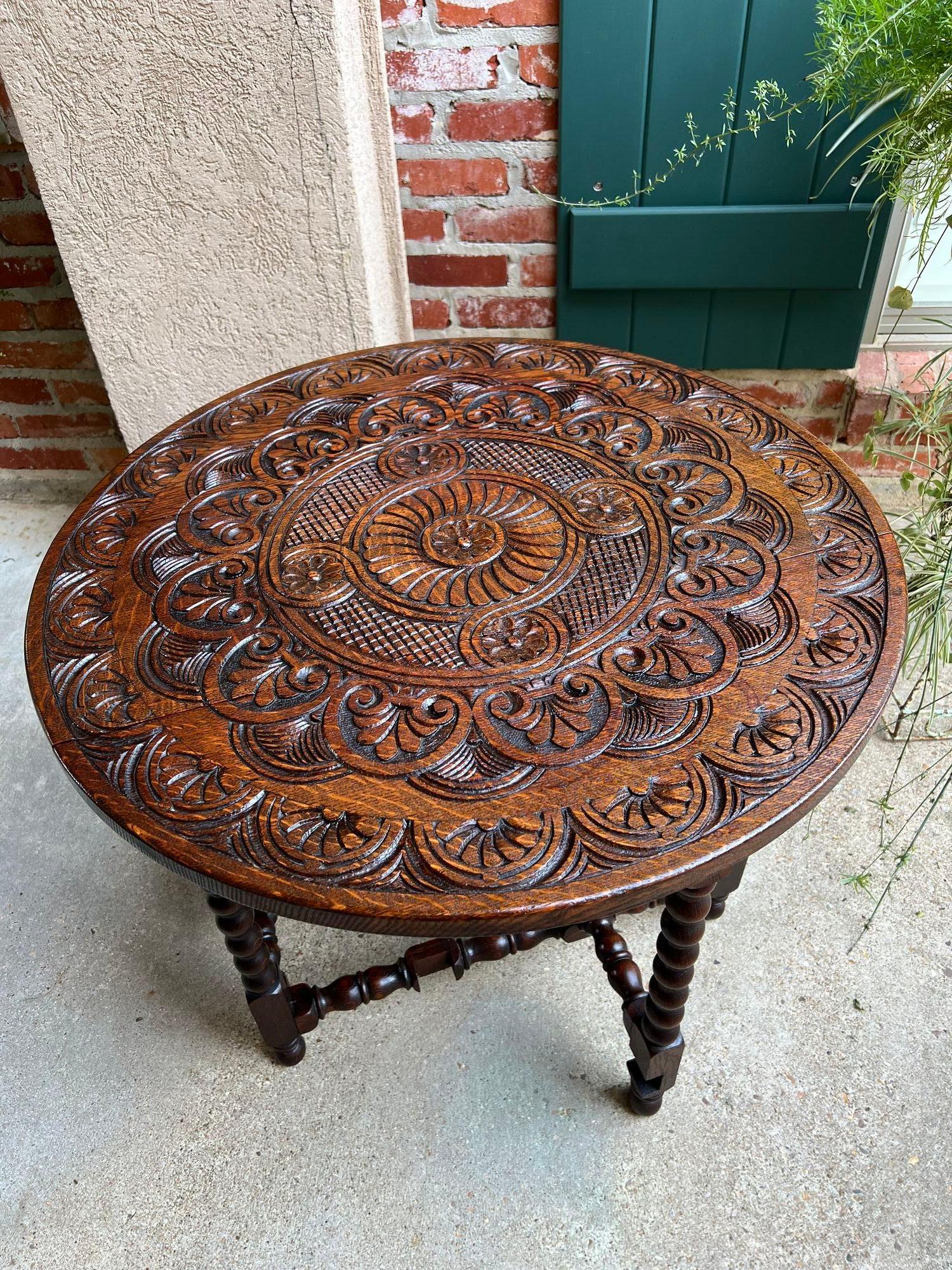Petite Antique English Drop Leaf Side Sofa Table Carved Oak Round top c1920 2