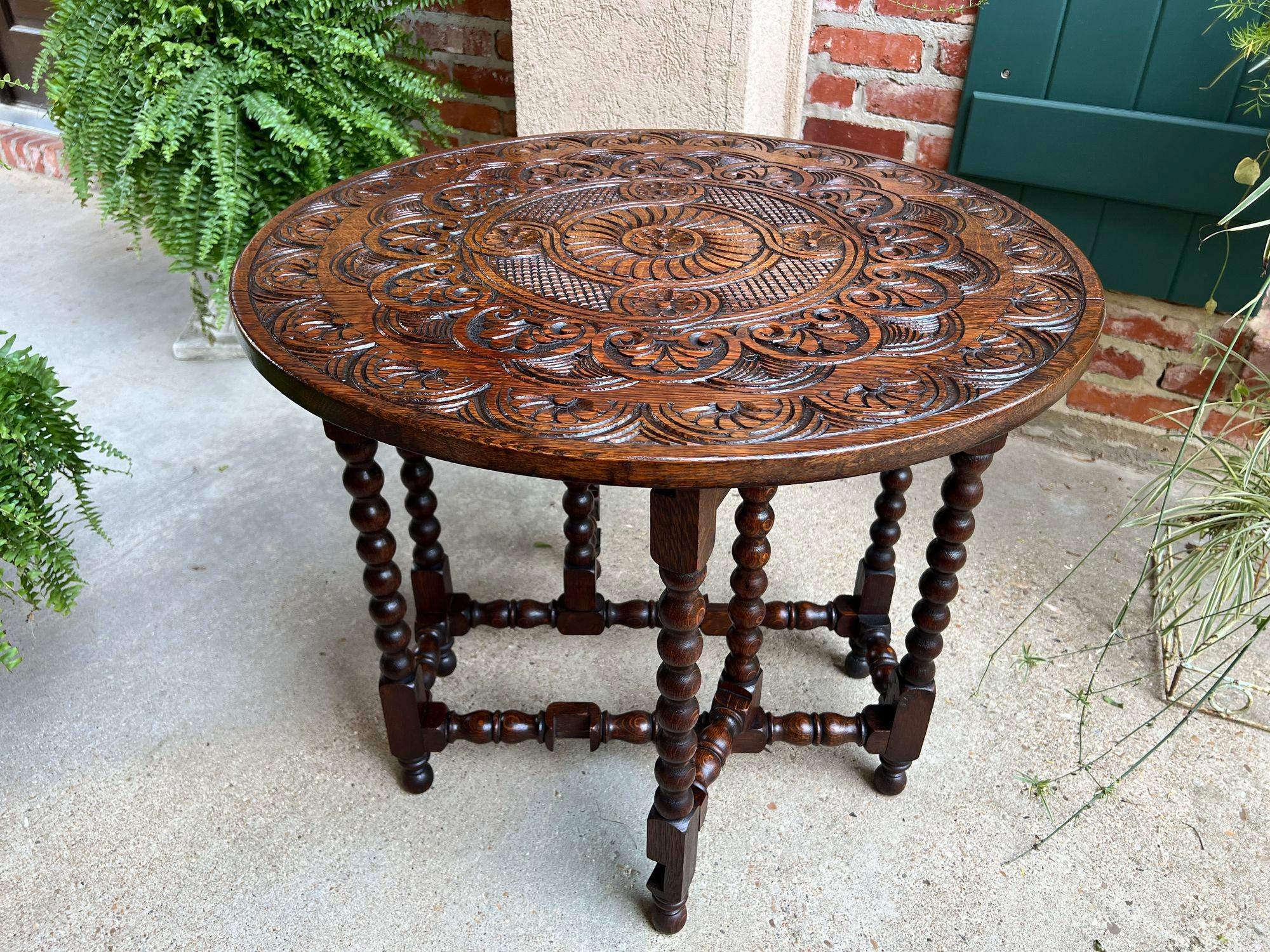 Petite Antique English Drop Leaf Side Sofa Table Carved Oak Round top c1920 3