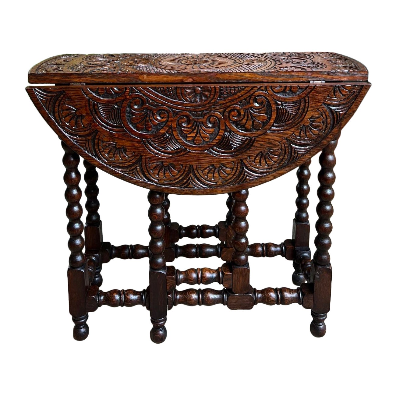 Petite Antique English Drop Leaf Side Sofa Table Carved Oak Round top c1920