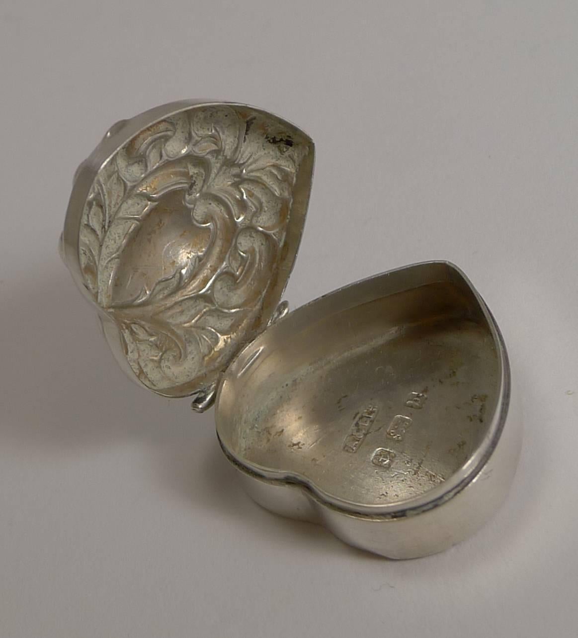 Sterling Silver Petite Antique English Heart Shaped Pill Box, 1901