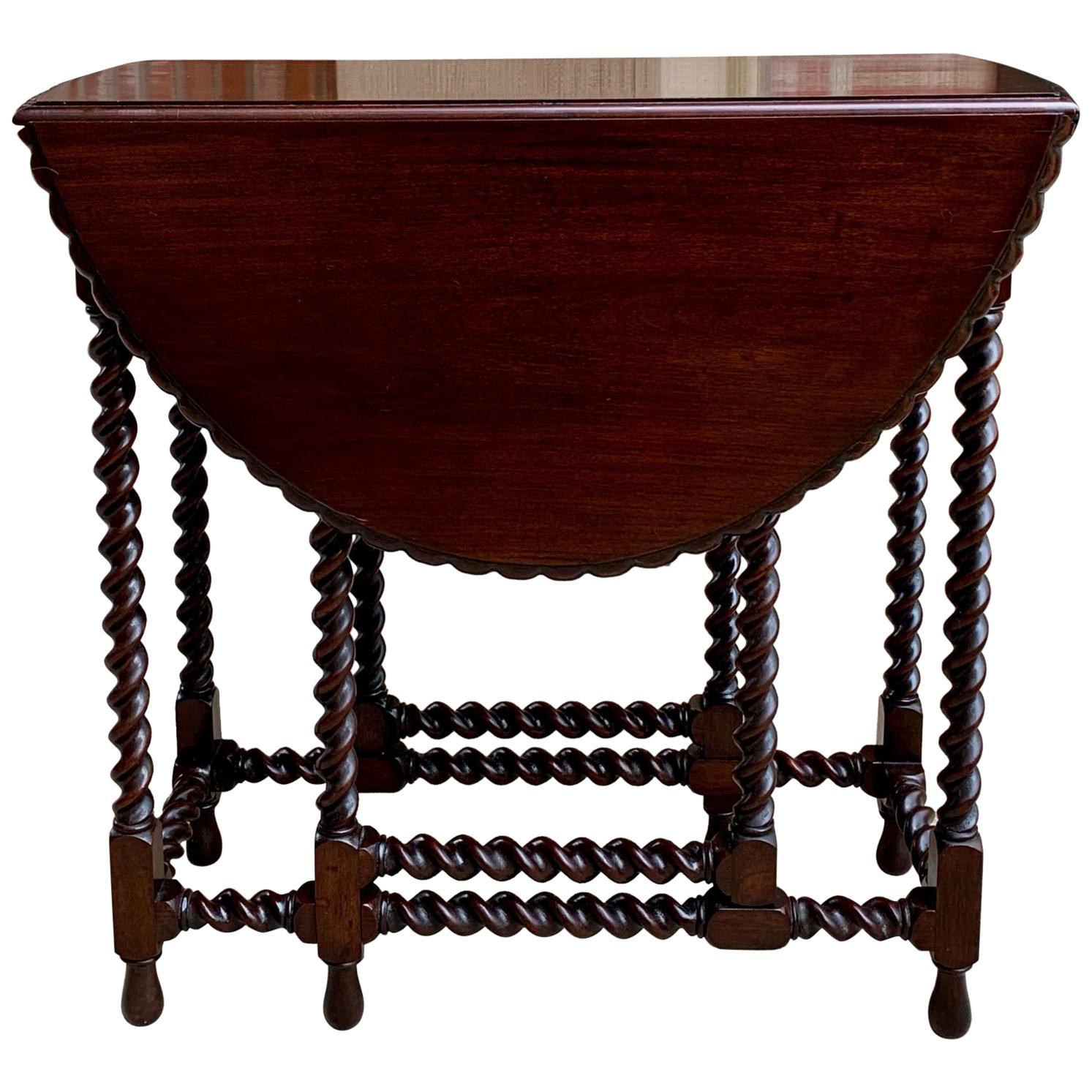 Petite Antique English Mahogany Side Tea Table Barley Twist Drop Leaf Gate Leg