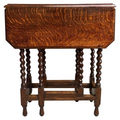 Petite Antique English Oak Barley Twist Drop Leaf Side Sofa Table, 20th Century