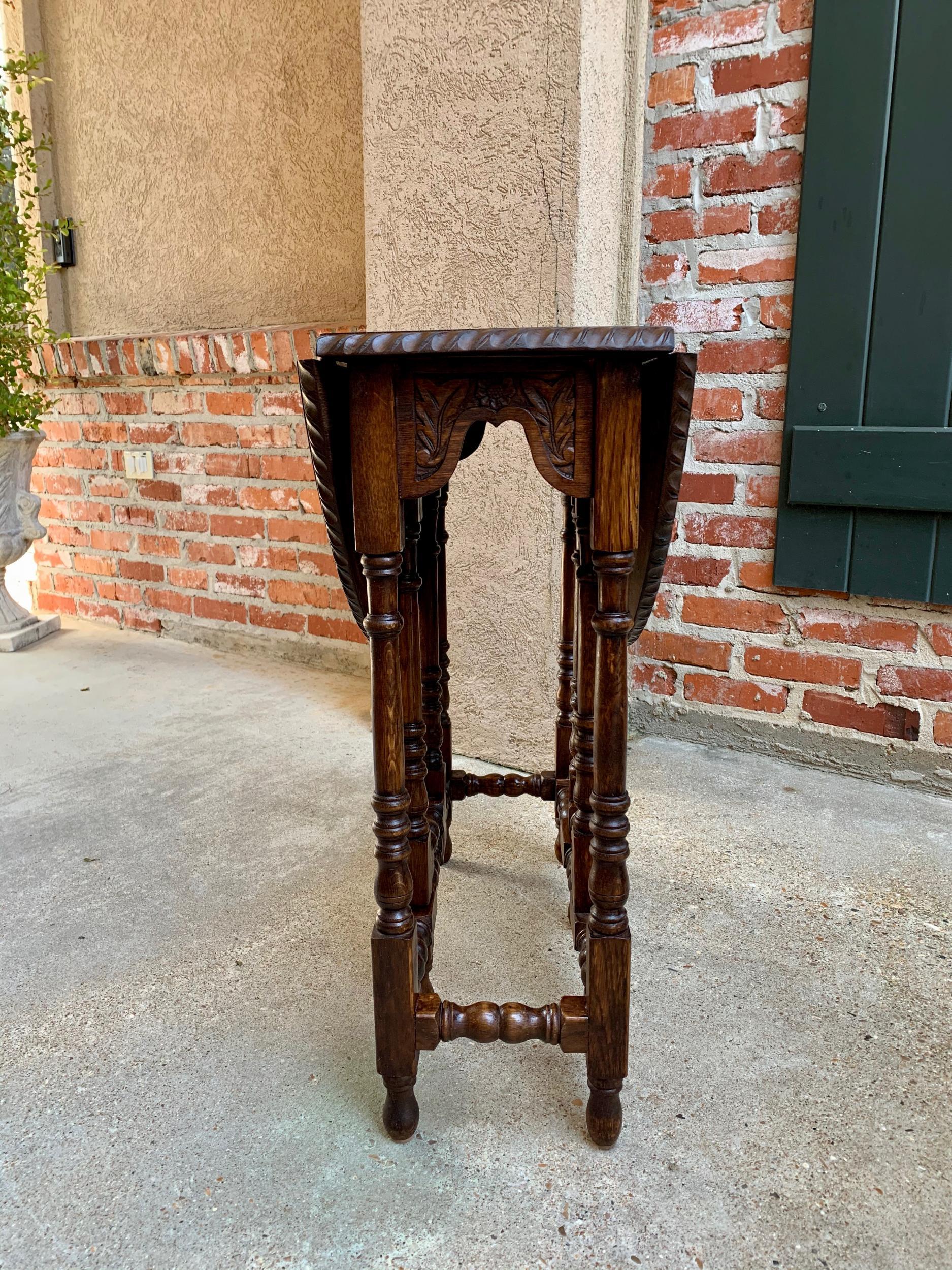 Petite Antique English Oak Side Sofa Wine Table Drop-Leaf Gate Leg Carved Oval 4