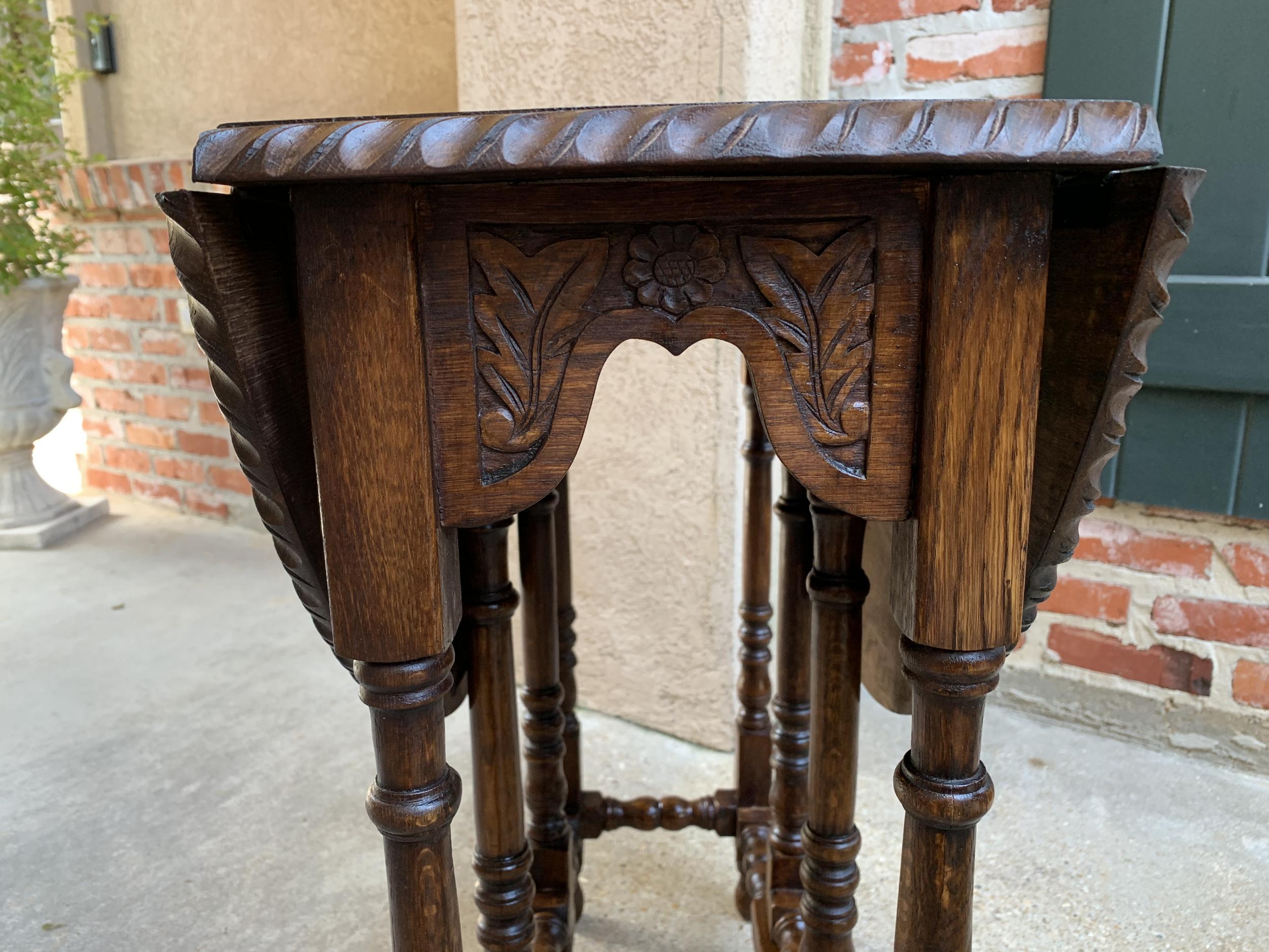Petite Antique English Oak Side Sofa Wine Table Drop-Leaf Gate Leg Carved Oval 5