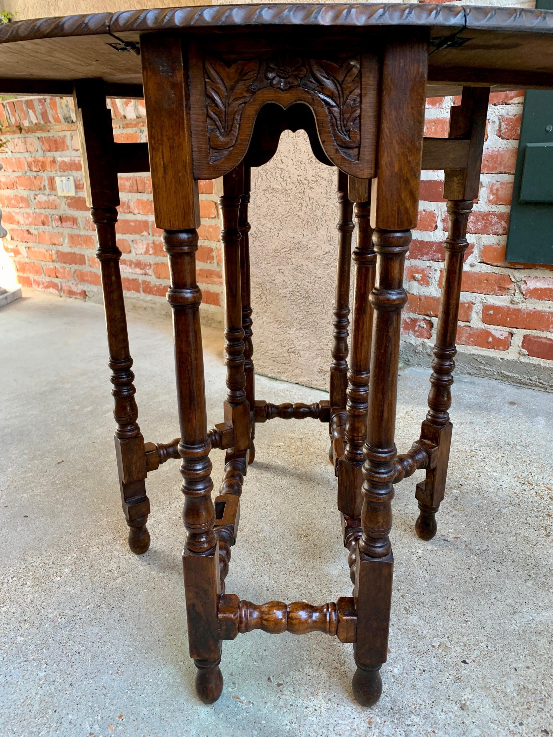 Petite Antique English Oak Side Sofa Wine Table Drop-Leaf Gate Leg Carved Oval 6