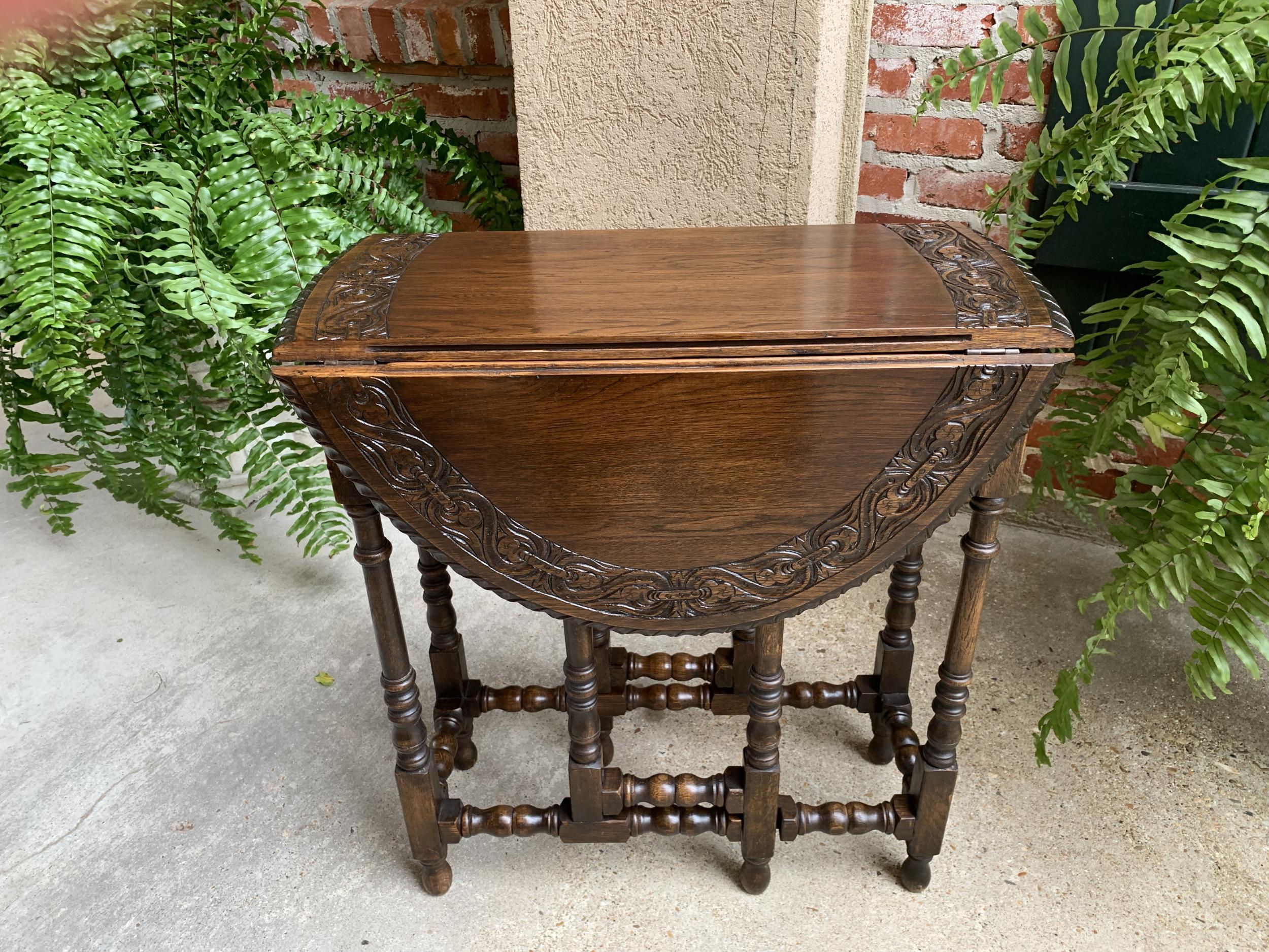 Petite Antique English Oak Side Sofa Wine Table Drop Leaf Gate Leg Carved Oval 7