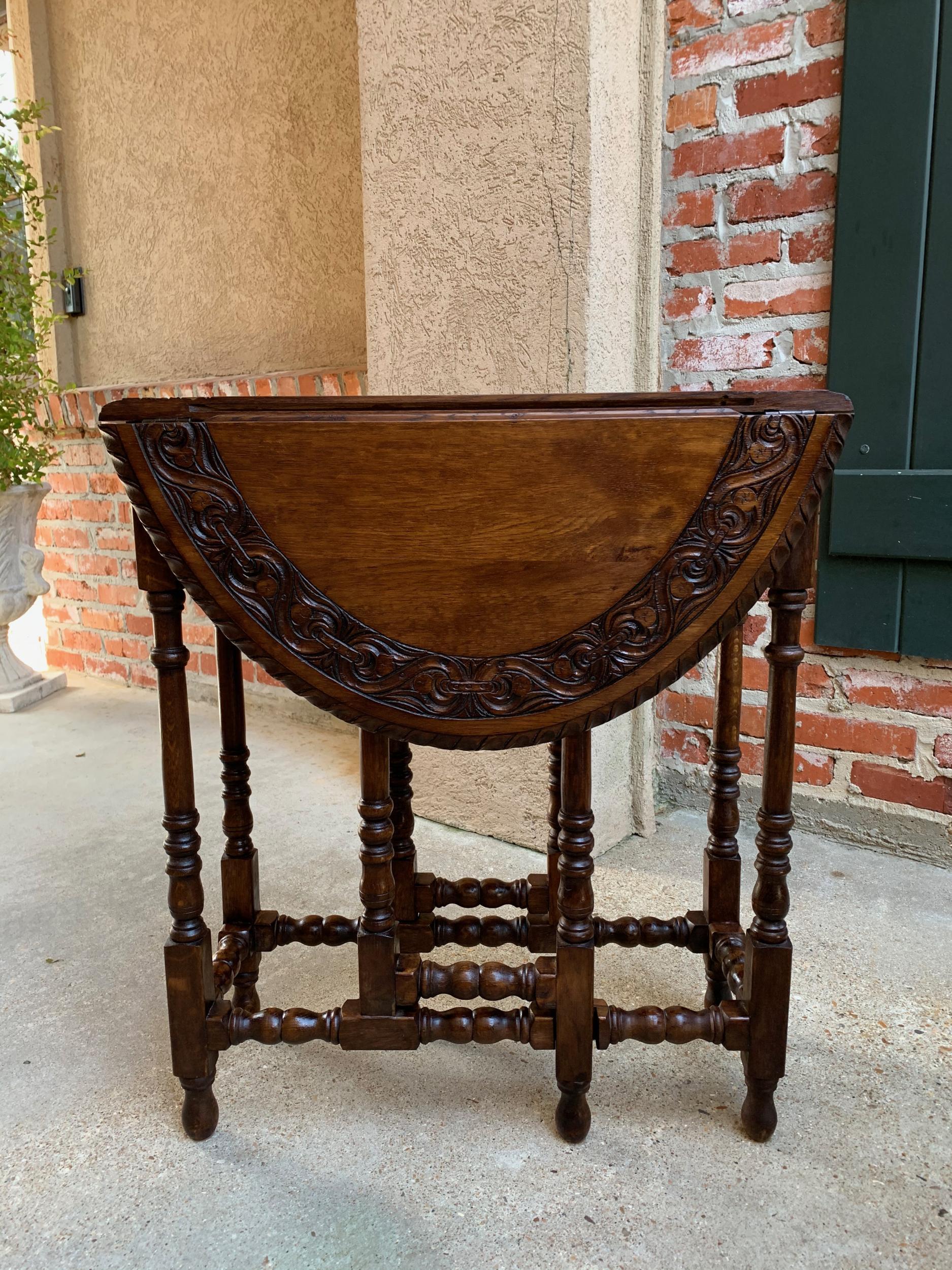 Petite Antique English Oak Side Sofa Wine Table Drop-Leaf Gate Leg Carved Oval 8