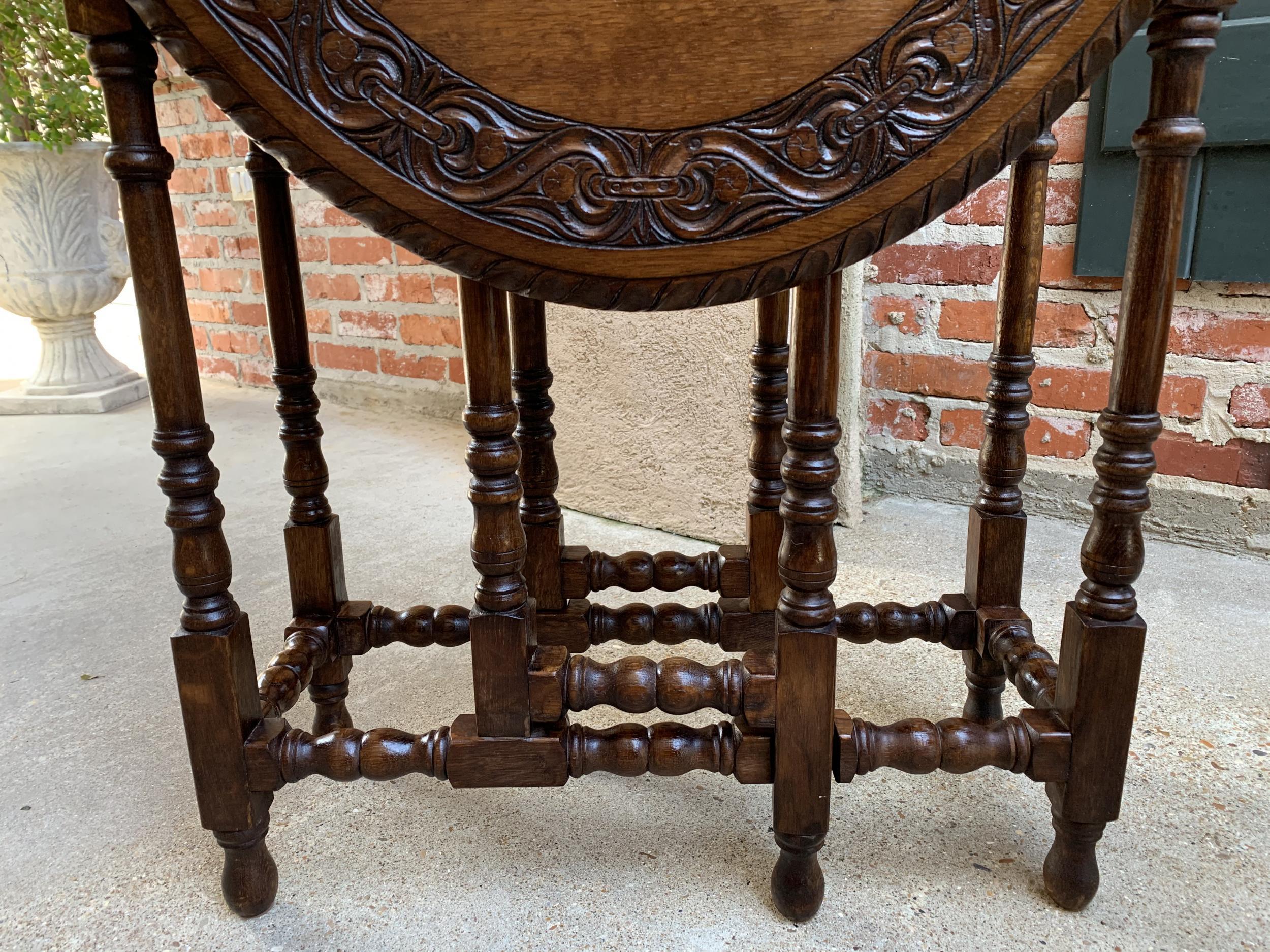 Petite Antique English Oak Side Sofa Wine Table Drop-Leaf Gate Leg Carved Oval 9