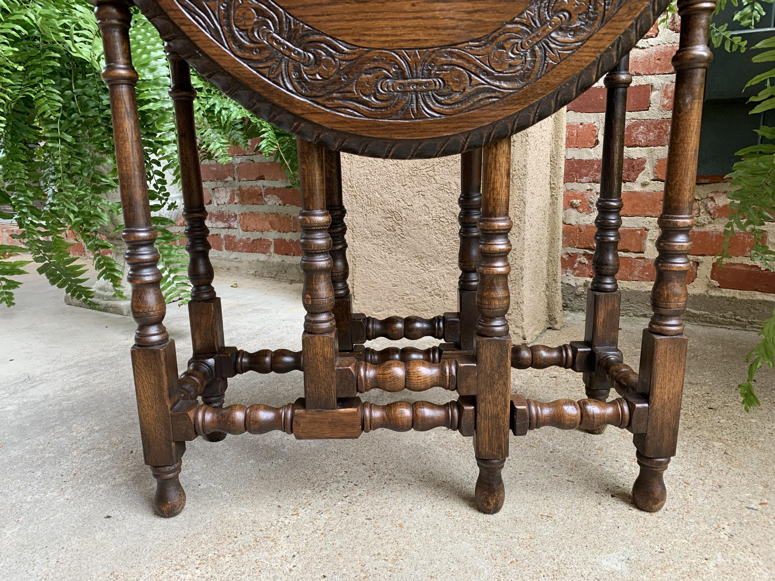 Petite Antique English Oak Side Sofa Wine Table Drop Leaf Gate Leg Carved Oval 10
