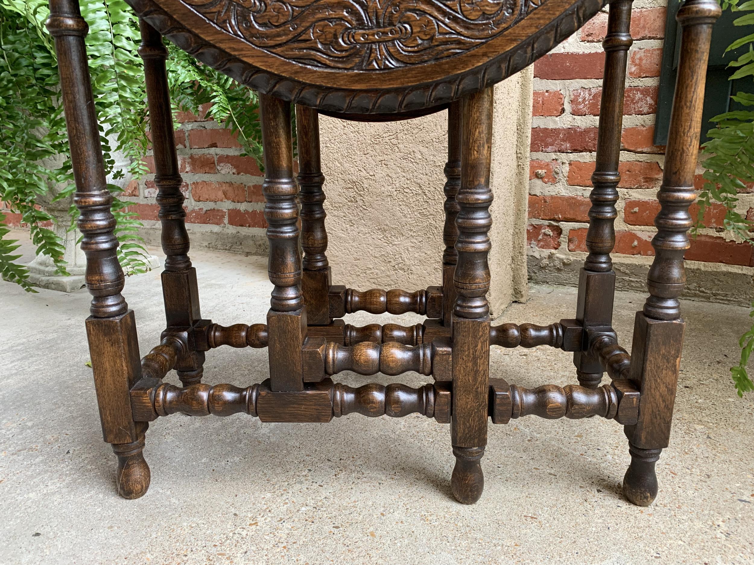 Petite Antique English Oak Side Sofa Wine Table Drop Leaf Gate Leg Carved Oval 11
