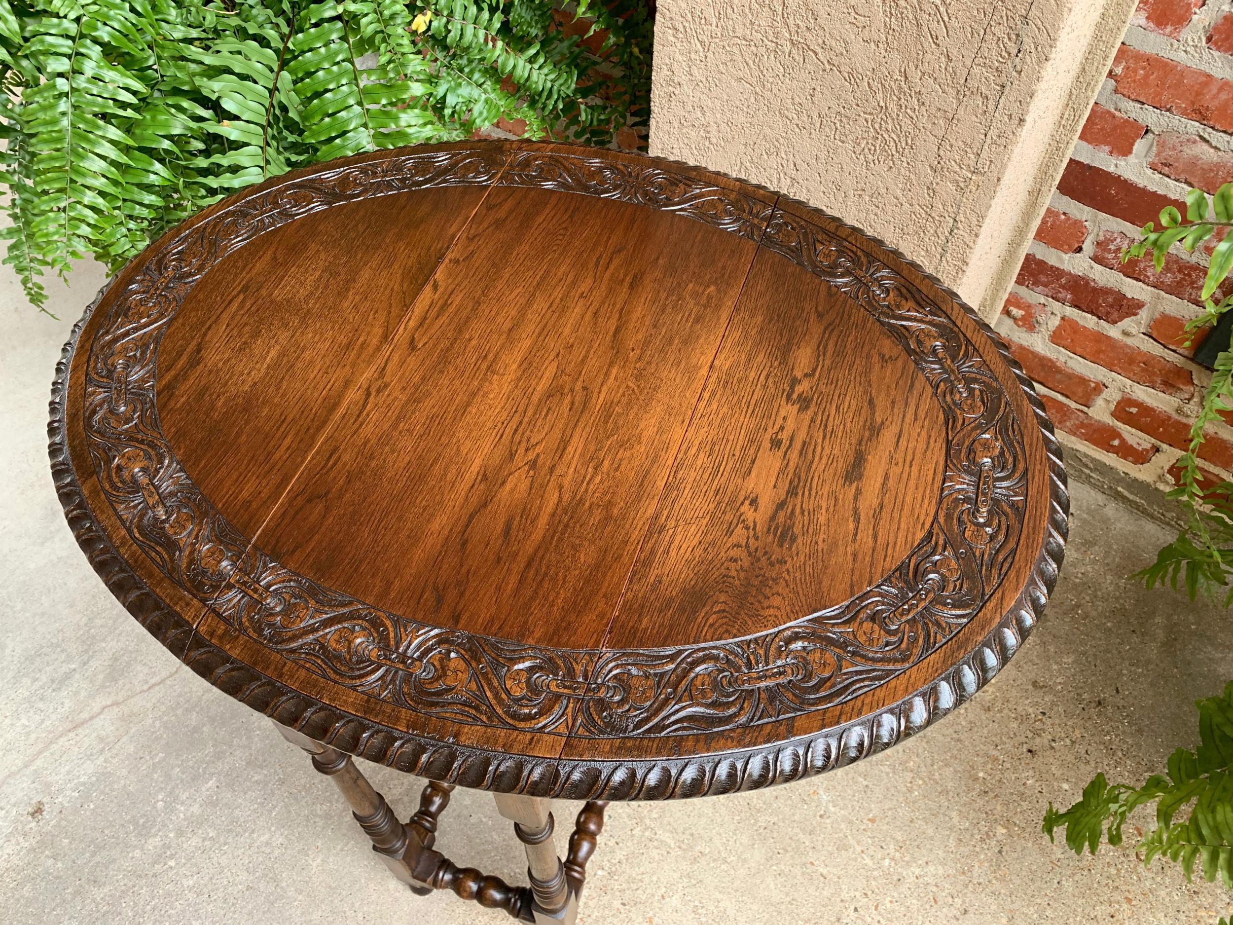 Petite Antique English Oak Side Sofa Wine Table Drop Leaf Gate Leg Carved Oval 12