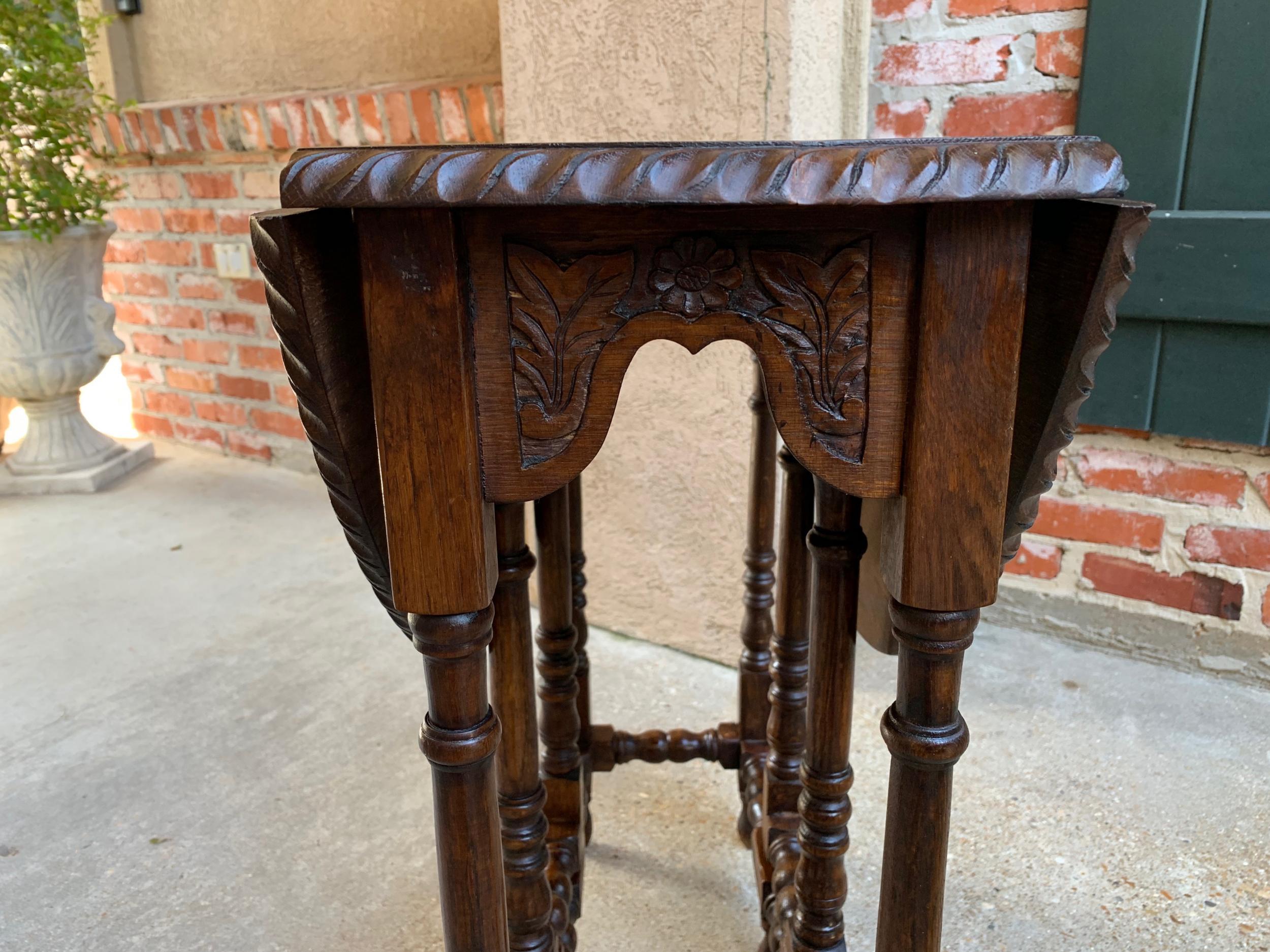 Petite Antique English Oak Side Sofa Wine Table Drop-Leaf Gate Leg Carved Oval 13