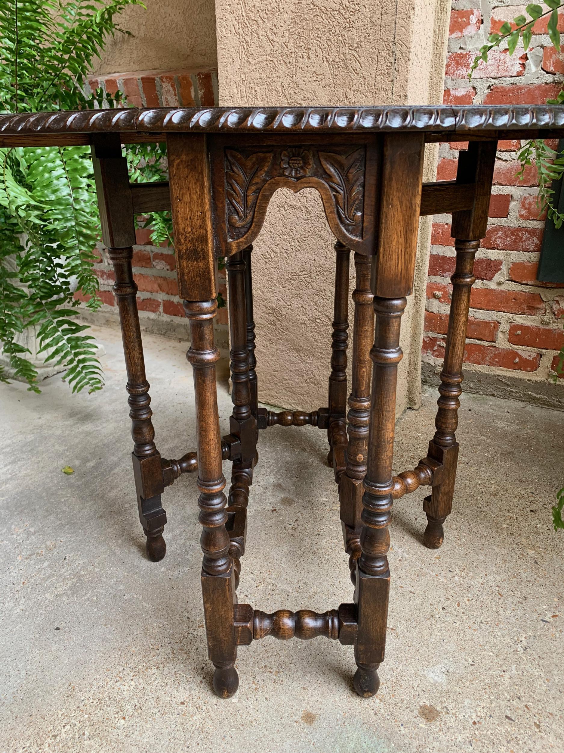 Petite Antique English Oak Side Sofa Wine Table Drop Leaf Gate Leg Carved Oval 13