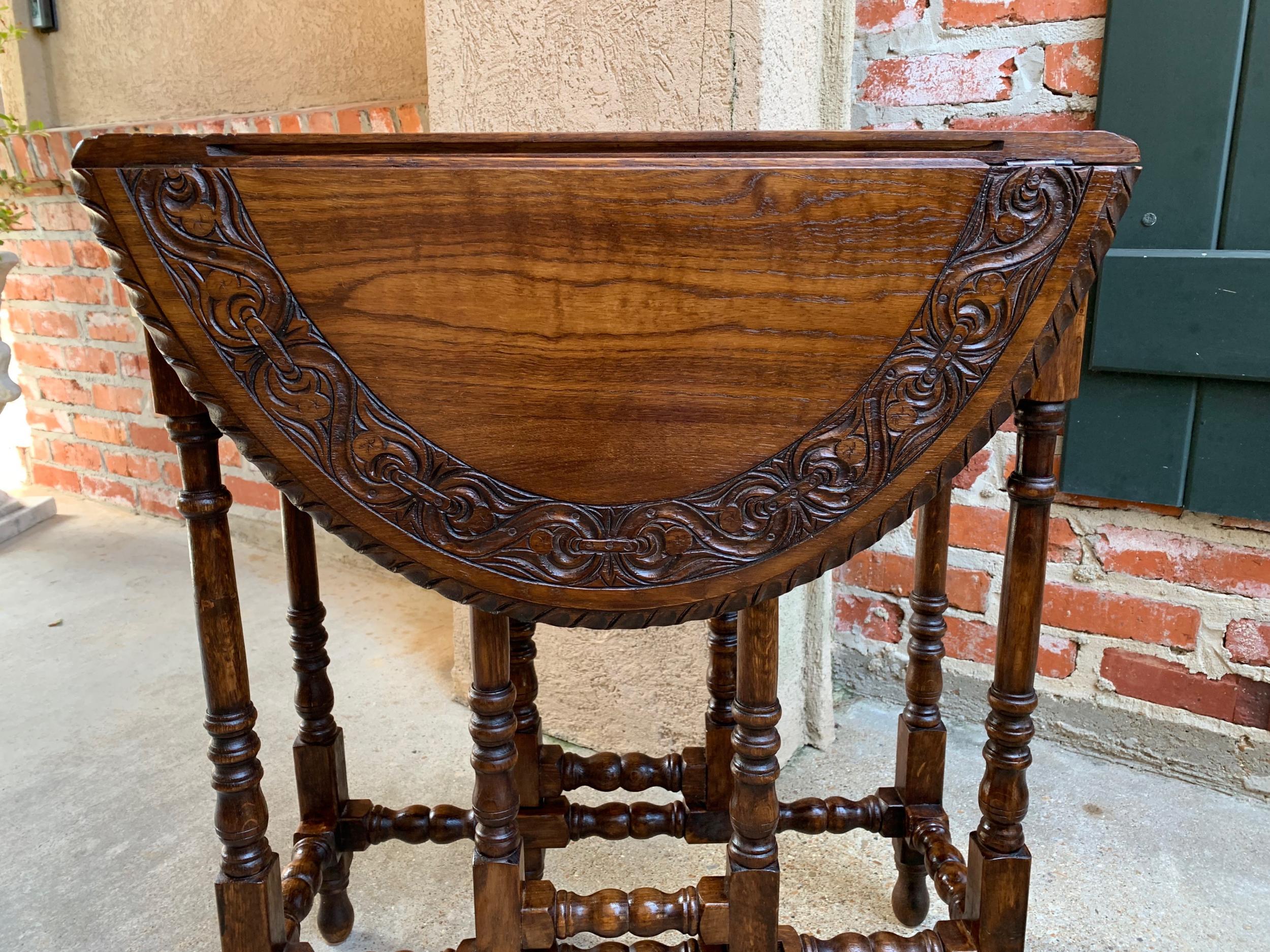 Jacobean Petite Antique English Oak Side Sofa Wine Table Drop-Leaf Gate Leg Carved Oval