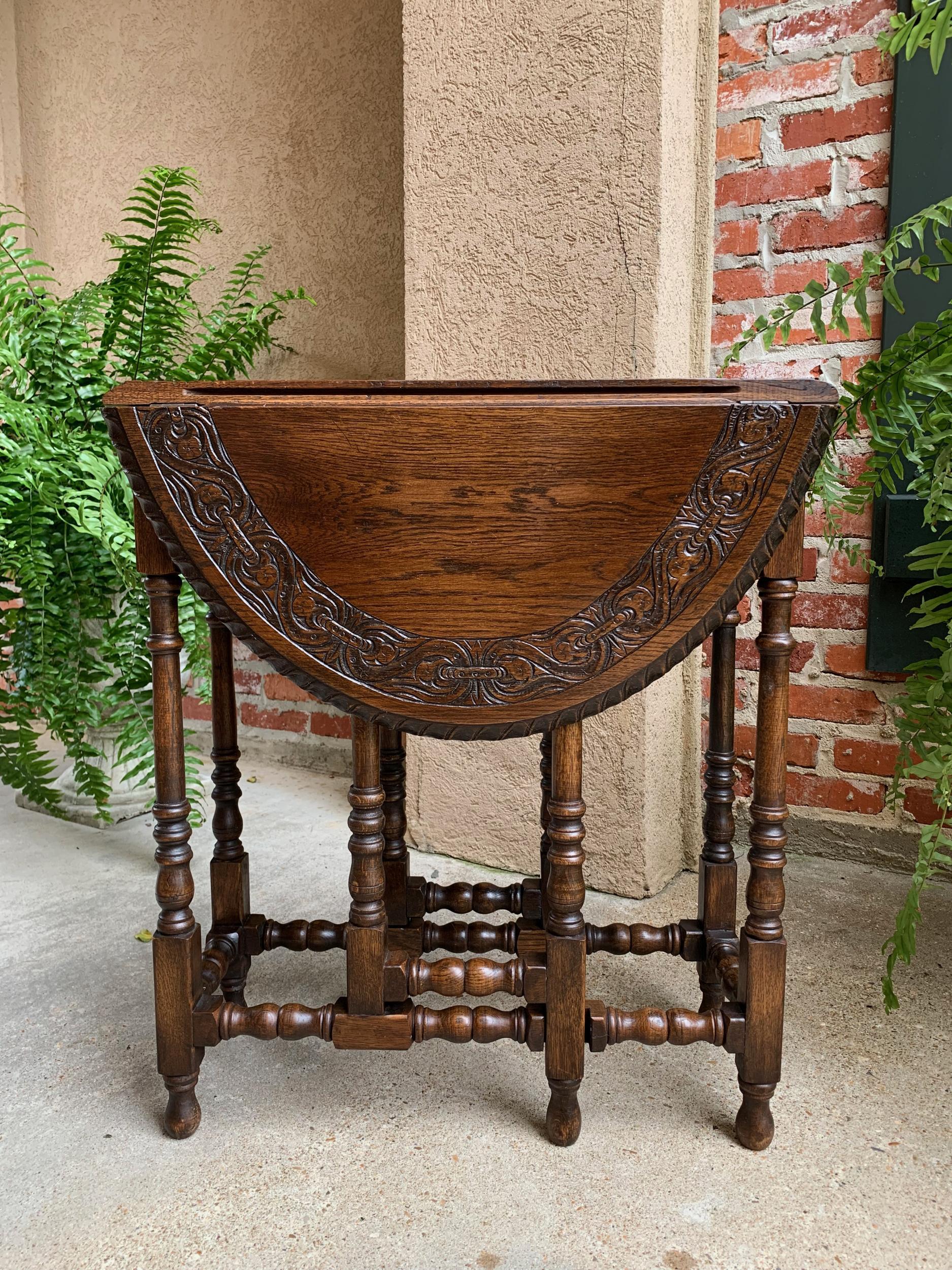 Jacobean Petite Antique English Oak Side Sofa Wine Table Drop Leaf Gate Leg Carved Oval