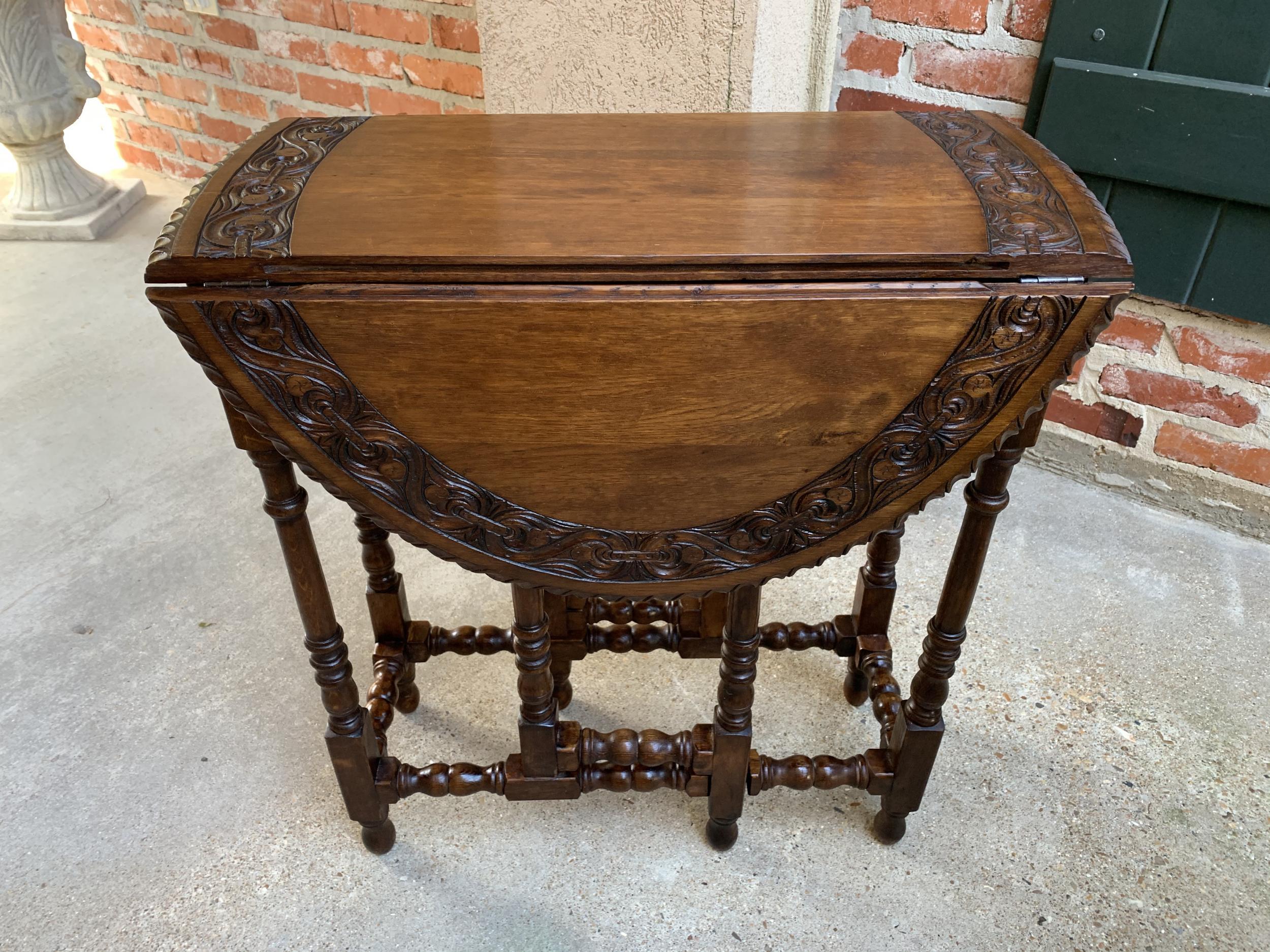 British Petite Antique English Oak Side Sofa Wine Table Drop-Leaf Gate Leg Carved Oval