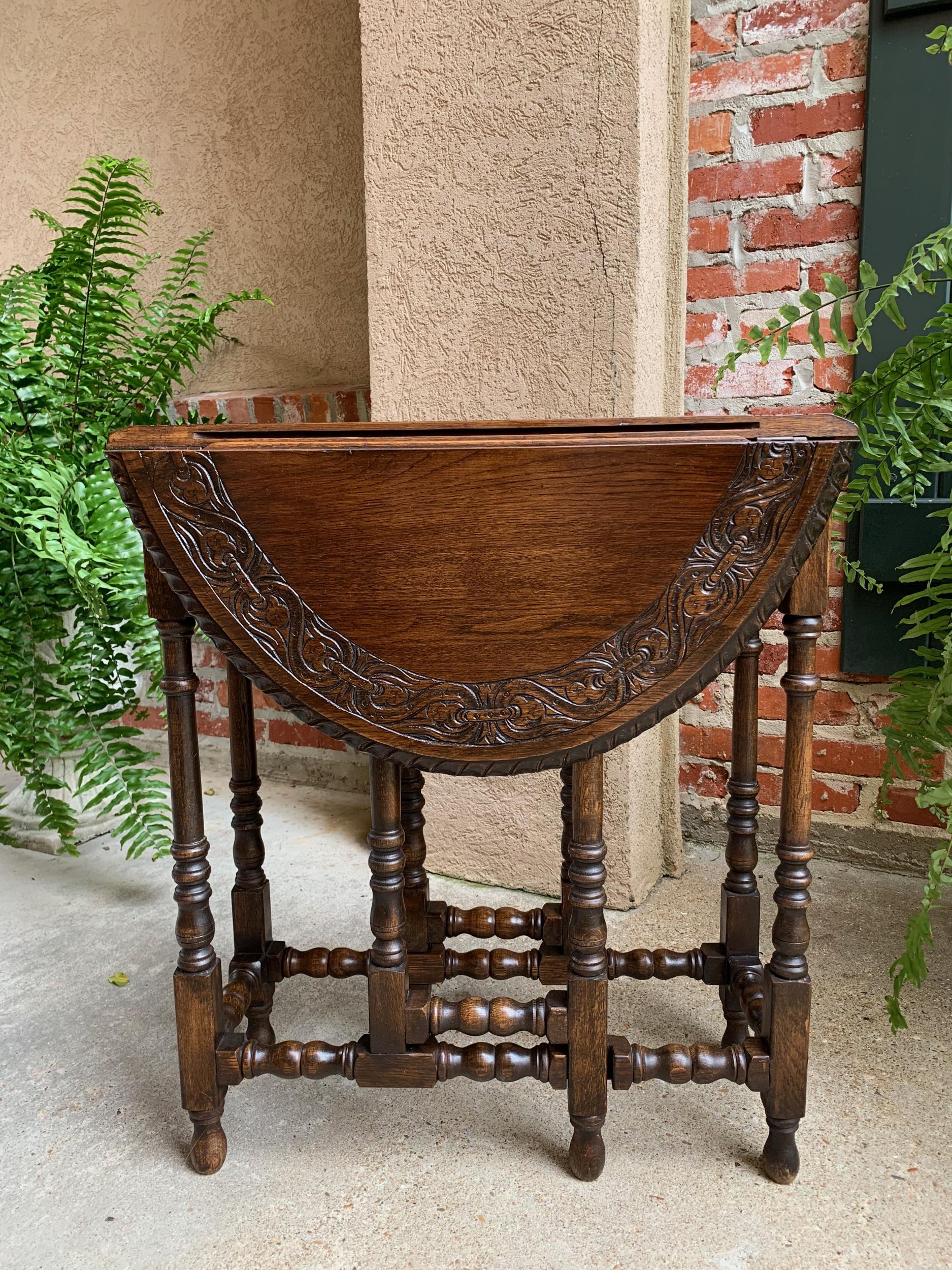 British Petite Antique English Oak Side Sofa Wine Table Drop Leaf Gate Leg Carved Oval