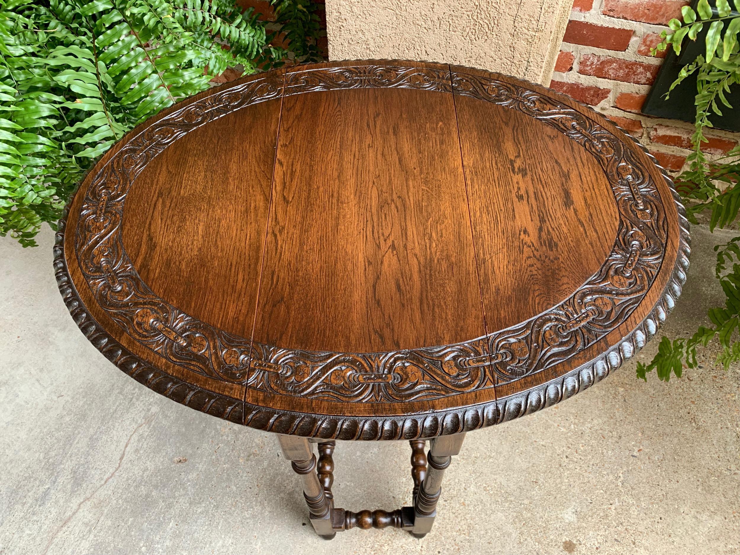 Early 20th Century Petite Antique English Oak Side Sofa Wine Table Drop Leaf Gate Leg Carved Oval