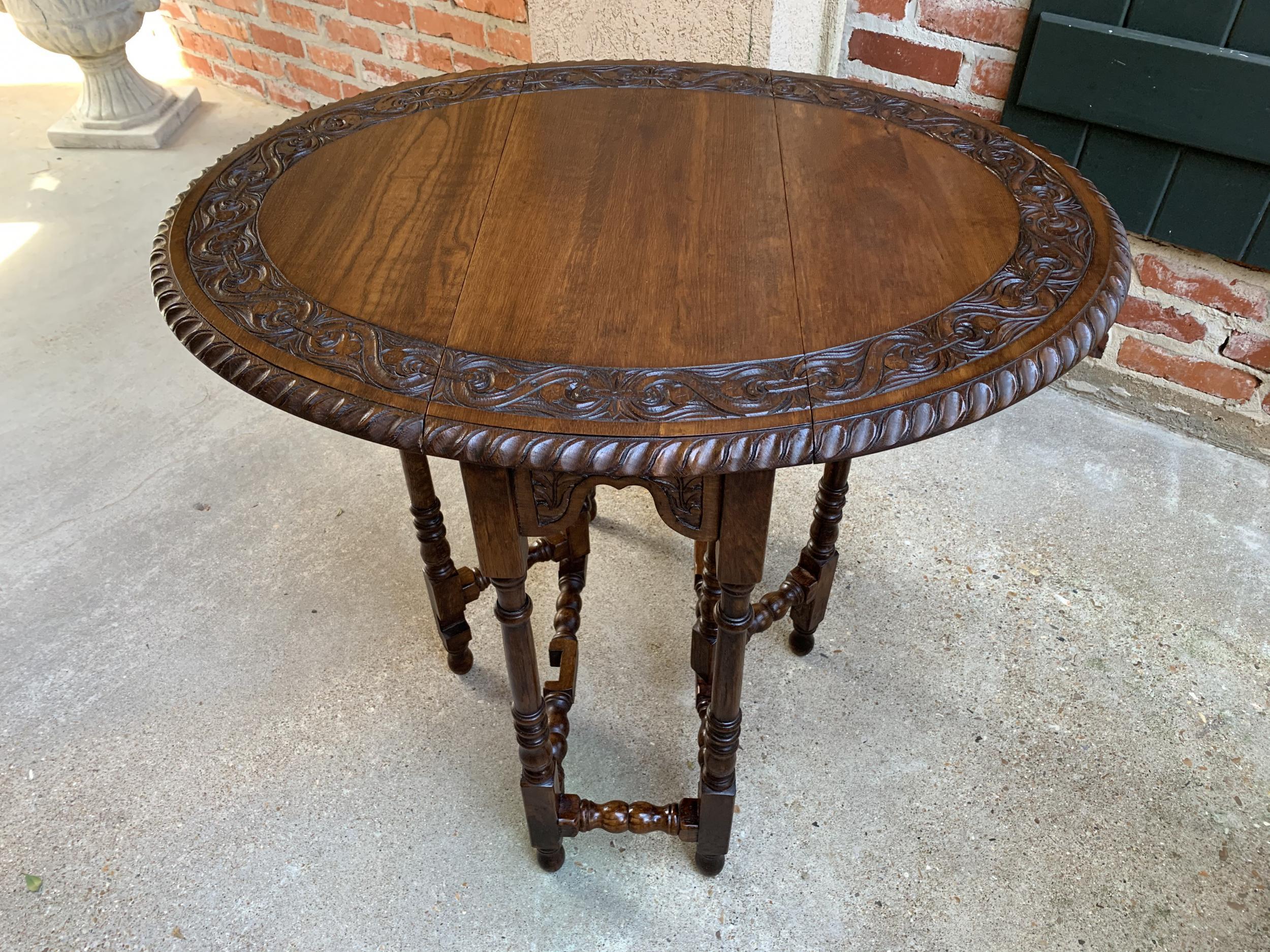 Petite Antique English Oak Side Sofa Wine Table Drop-Leaf Gate Leg Carved Oval 1