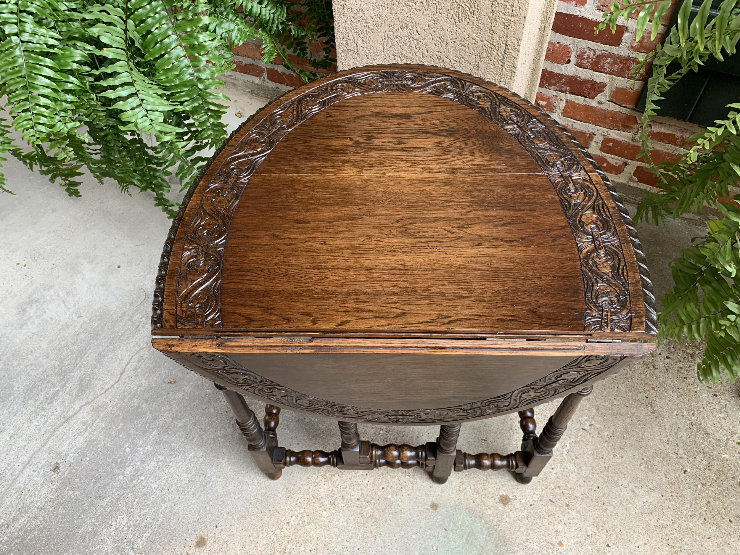 Petite Antique English Oak Side Sofa Wine Table Drop Leaf Gate Leg Carved Oval 1