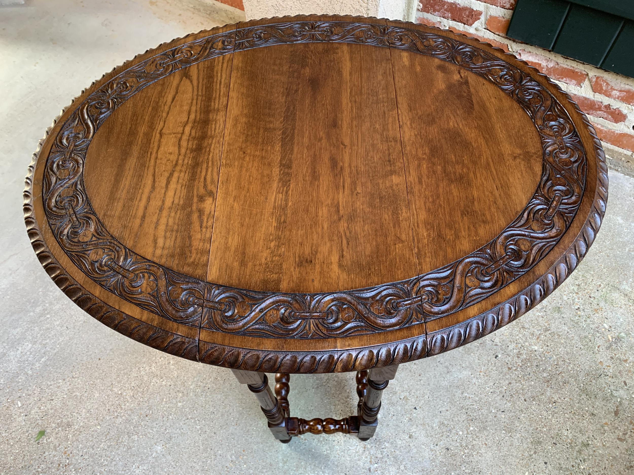 Petite Antique English Oak Side Sofa Wine Table Drop-Leaf Gate Leg Carved Oval 2