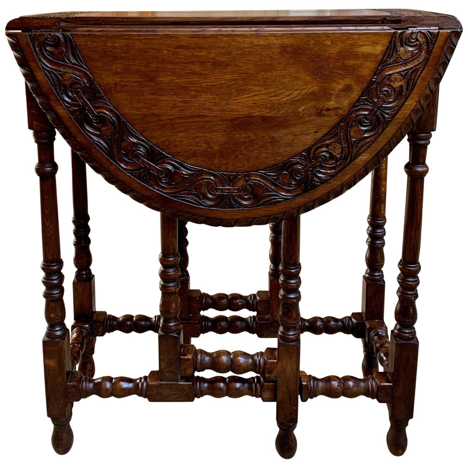 Petite Antique English Oak Side Sofa Wine Table Drop-Leaf Gate Leg Carved Oval