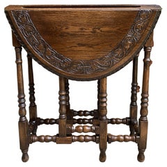 Petite Antique English Oak Side Sofa Wine Table Drop Leaf Gate Leg Carved Oval