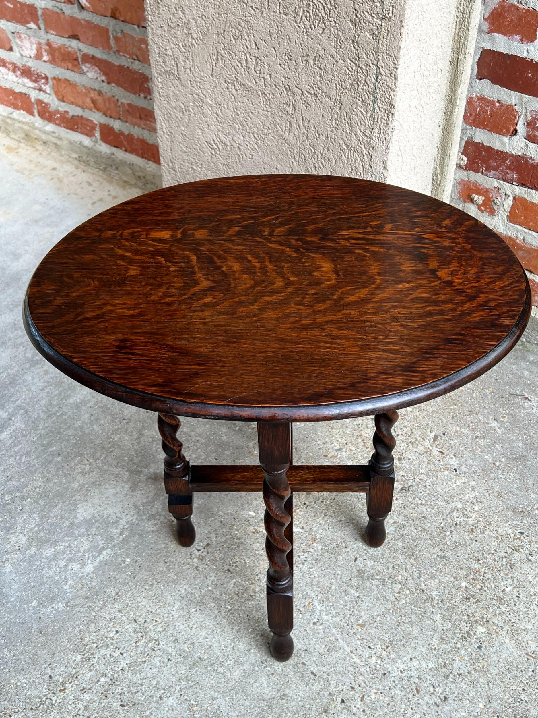 Petite Antique English Tiger Oak Barley Twist Oval Folding Tea Table Jacobean 9