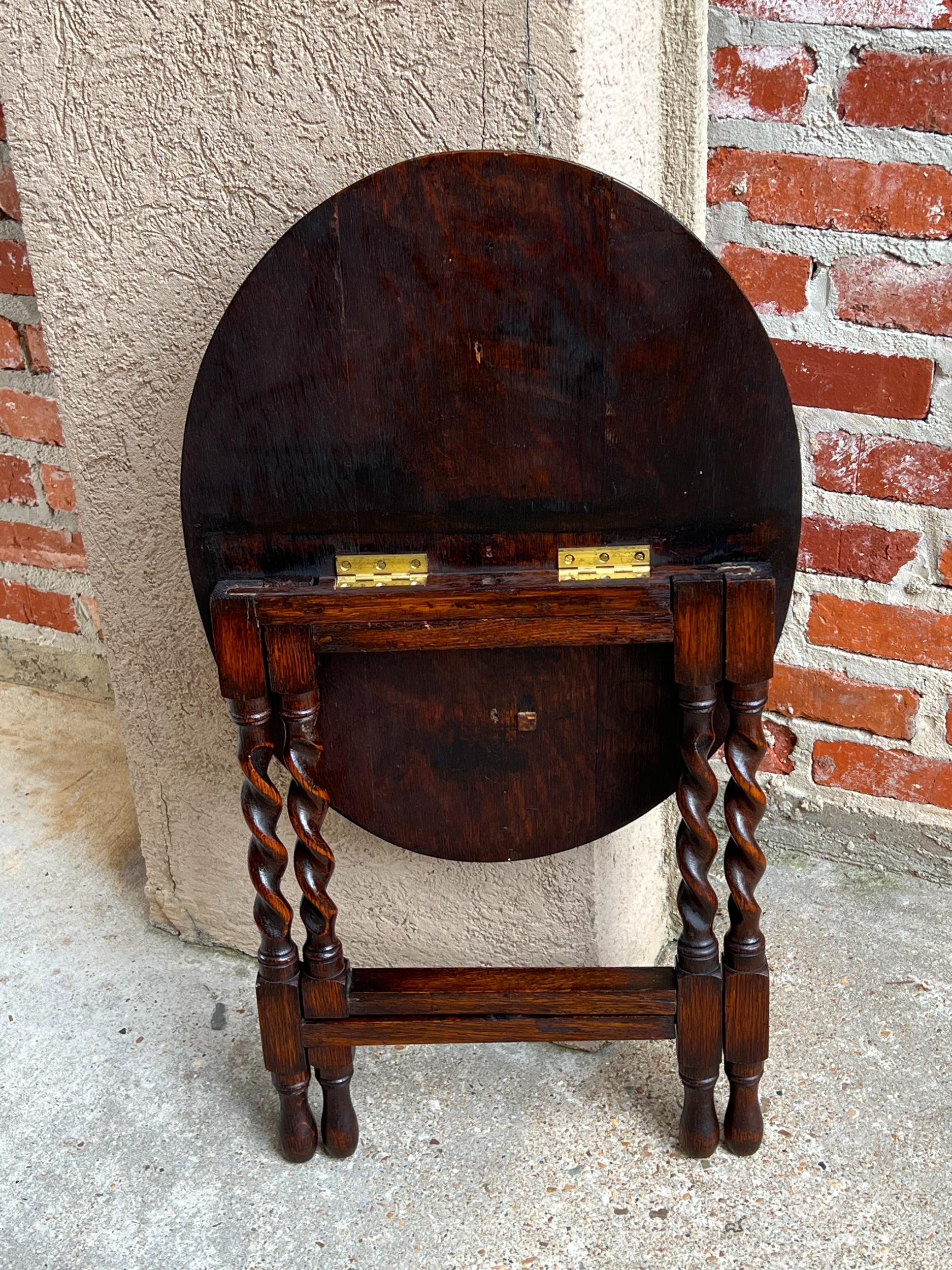 Petite Antique English Tiger Oak Barley Twist Oval Folding Tea Table Jacobean 14