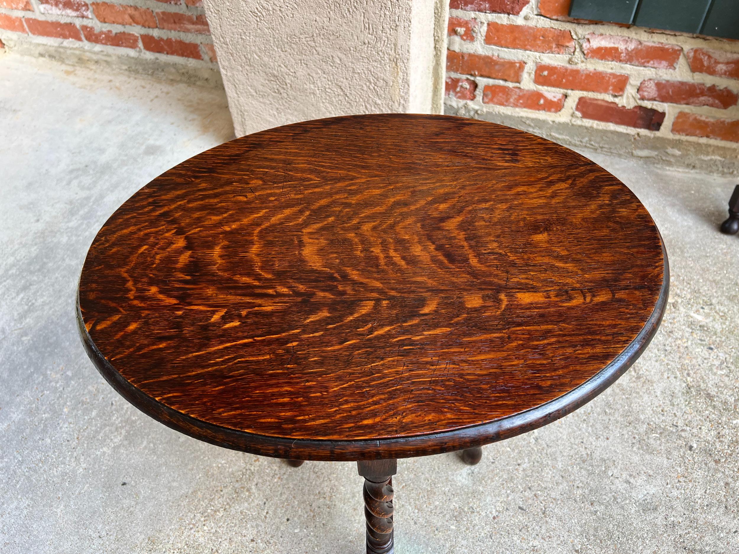 Petite Antique English Tiger Oak Barley Twist Oval Folding Tea Table Jacobean 1