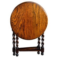 Petite Antique English Tiger Oak Barley Twist Round Folding Tea Table Gateleg