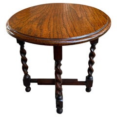 Petite Antique English Tiger Oak Barley Twist Round Folding Tea Table Gateleg	