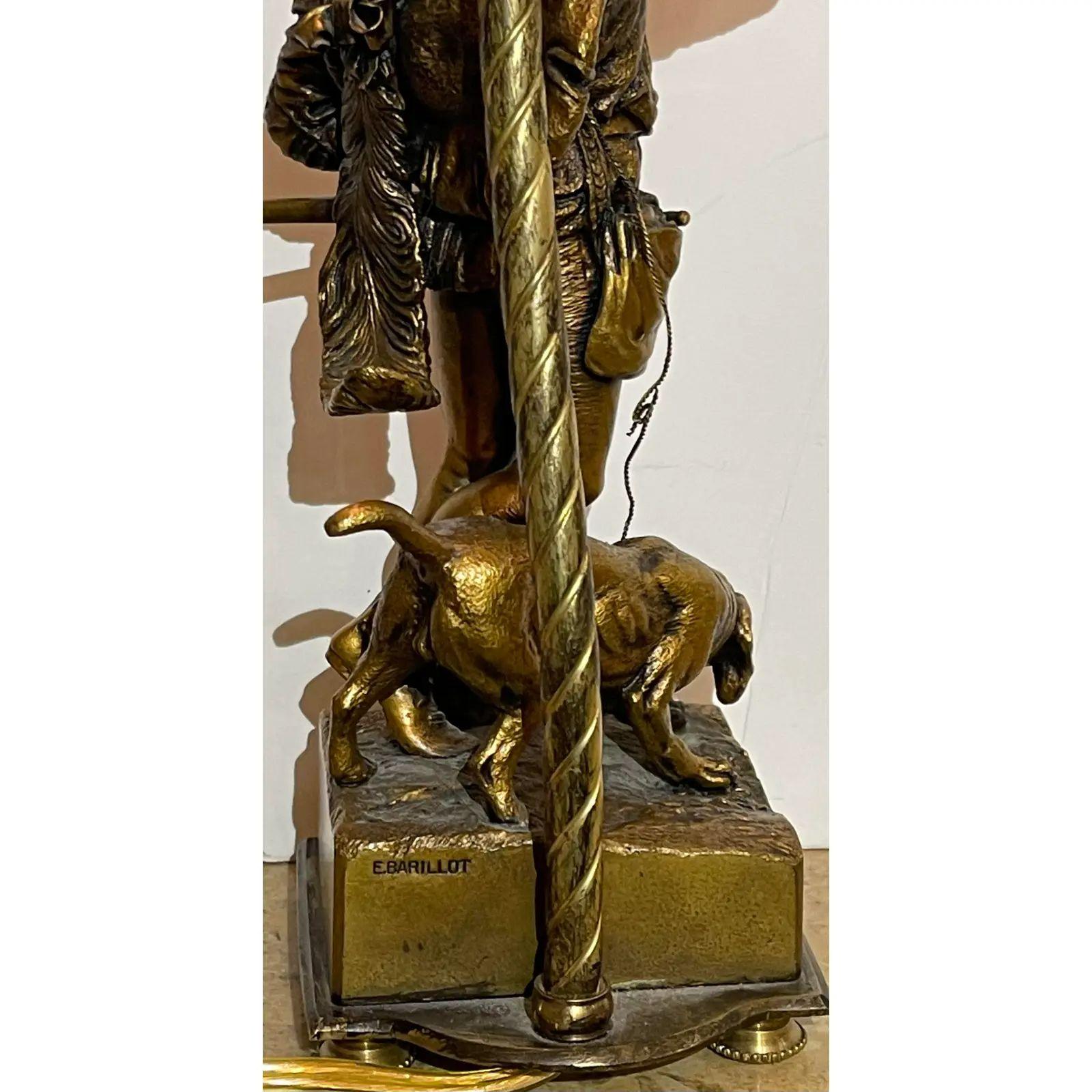 Petite lampe ancienne en bronze Eugene Barillot Renaissance Man & Dog Sculpture Lampes Bon état - En vente à LOS ANGELES, CA