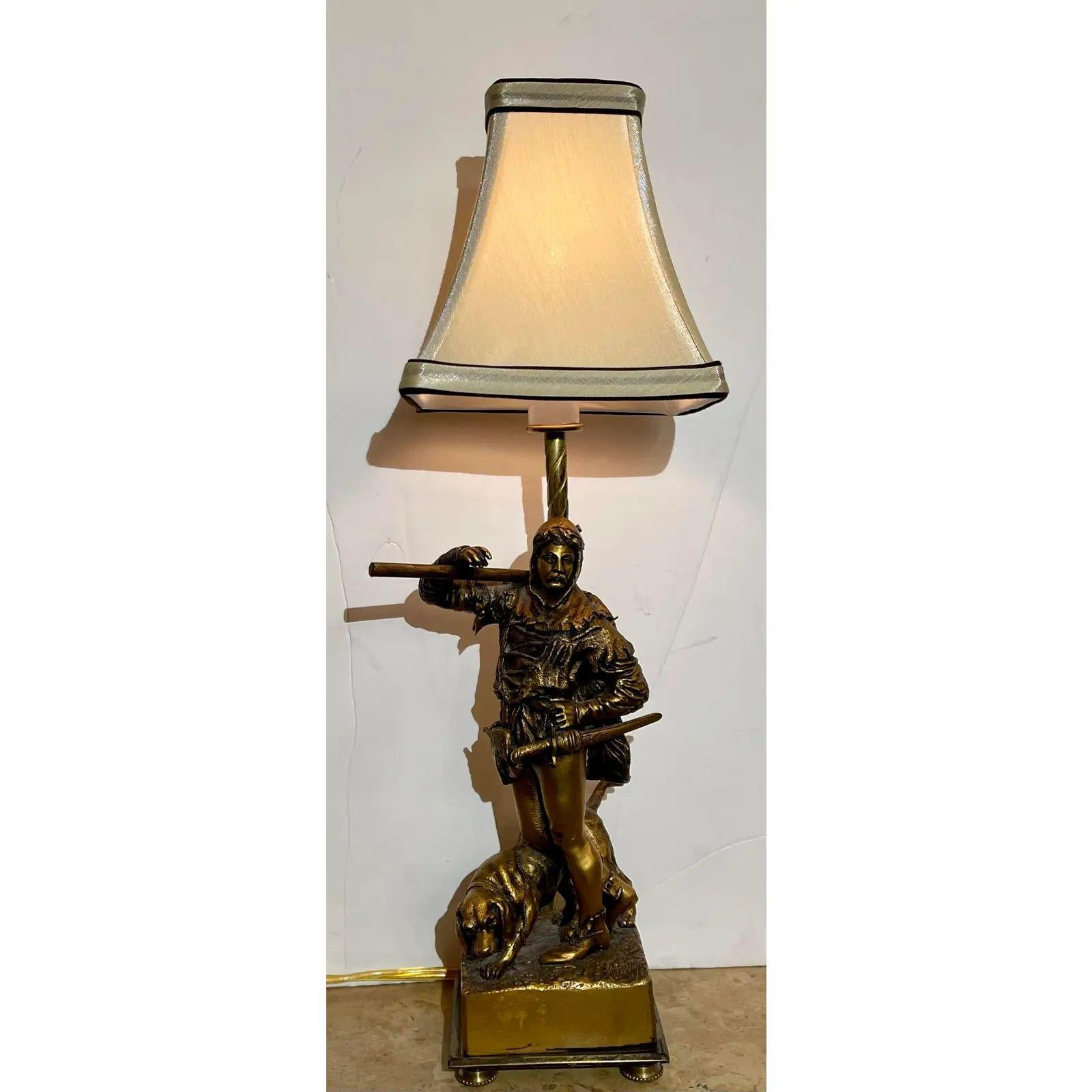20th Century Petite Antique Eugene Barillot Bronze Renaissance Man & Dog Sculpture Lamp For Sale