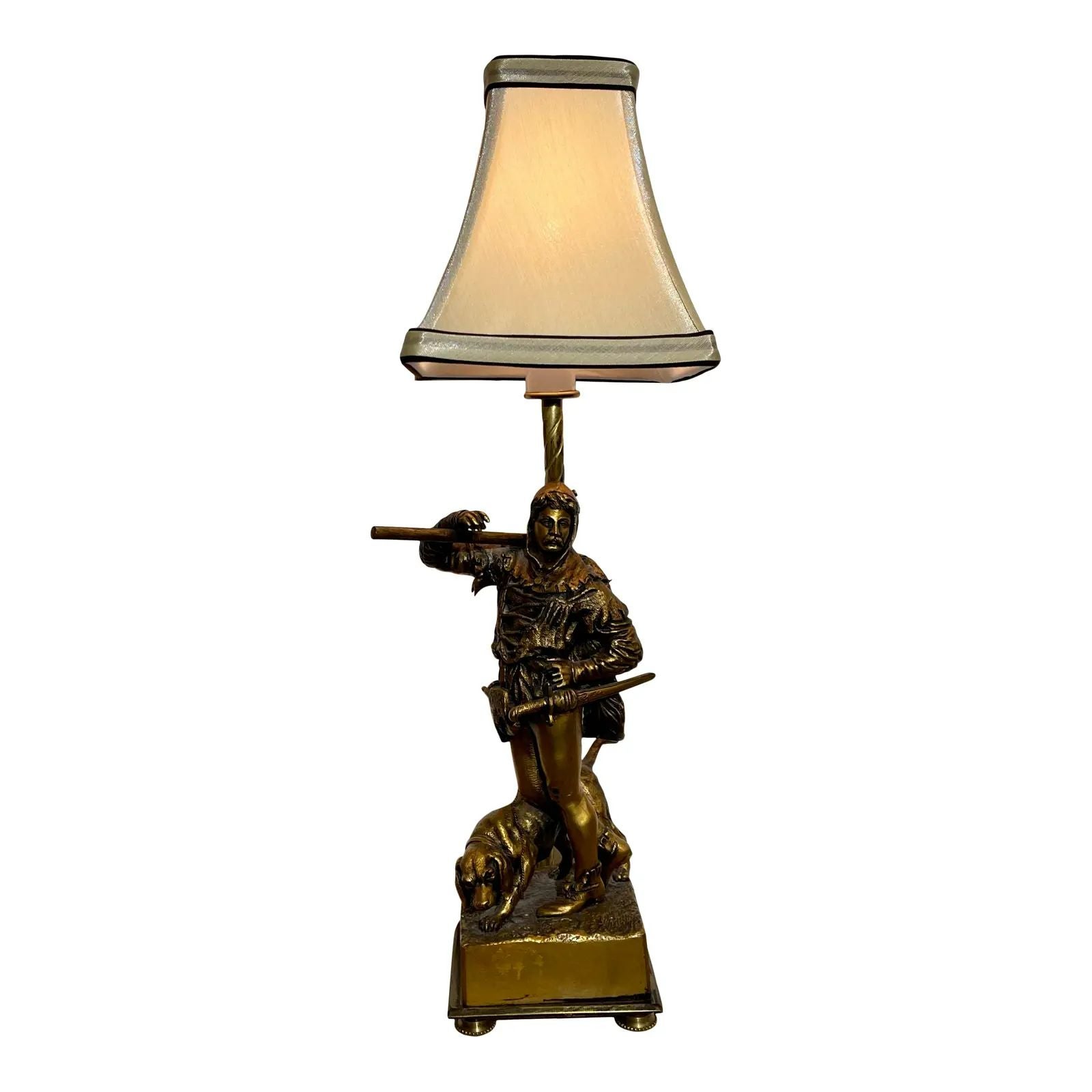 Petite Antique Eugene Barillot Bronze Renaissance Man & Dog Sculpture Lamp