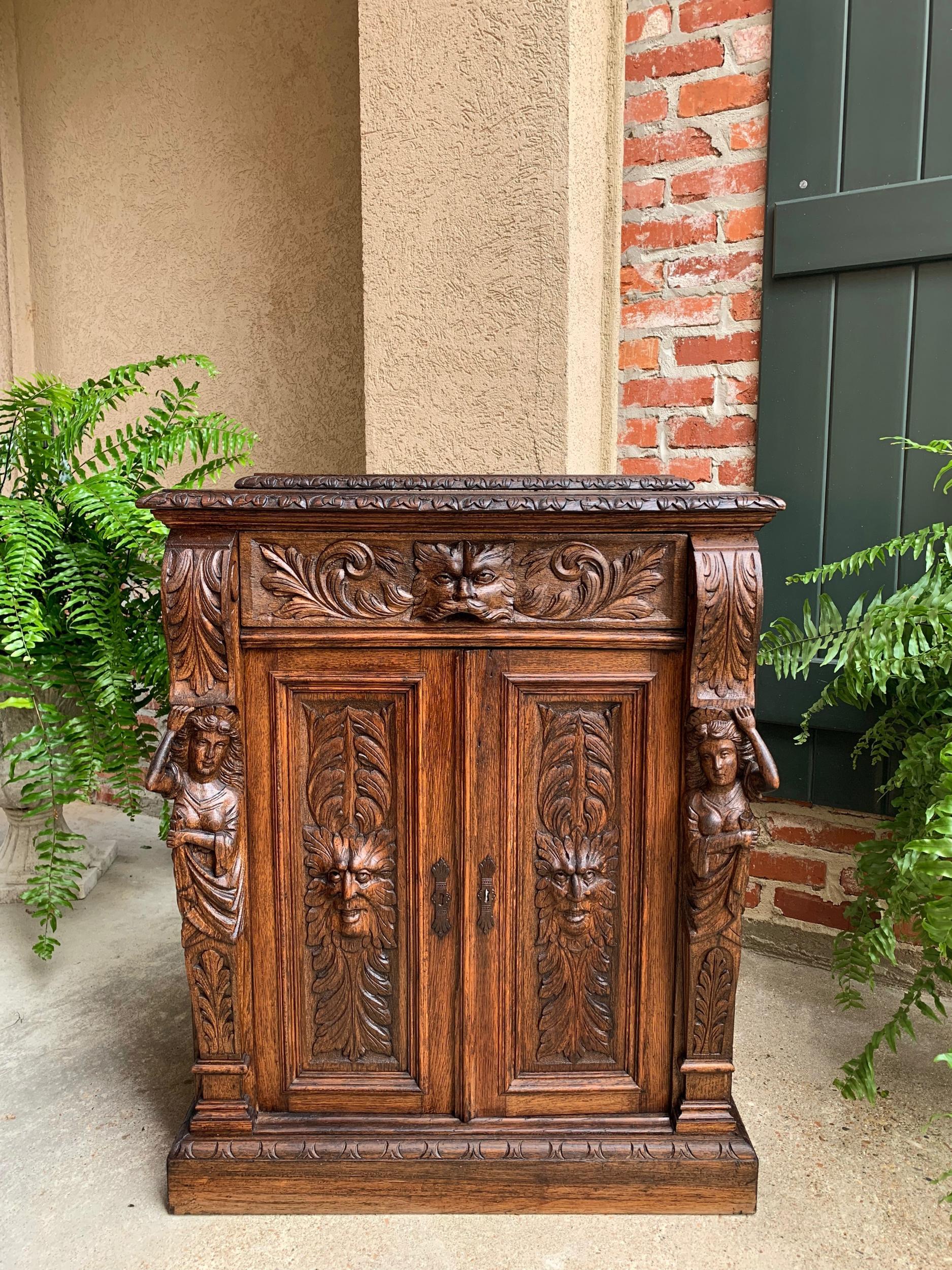 Petite Antique French Carved Oak Cabinet Server Table Renaissance Server Lion 8