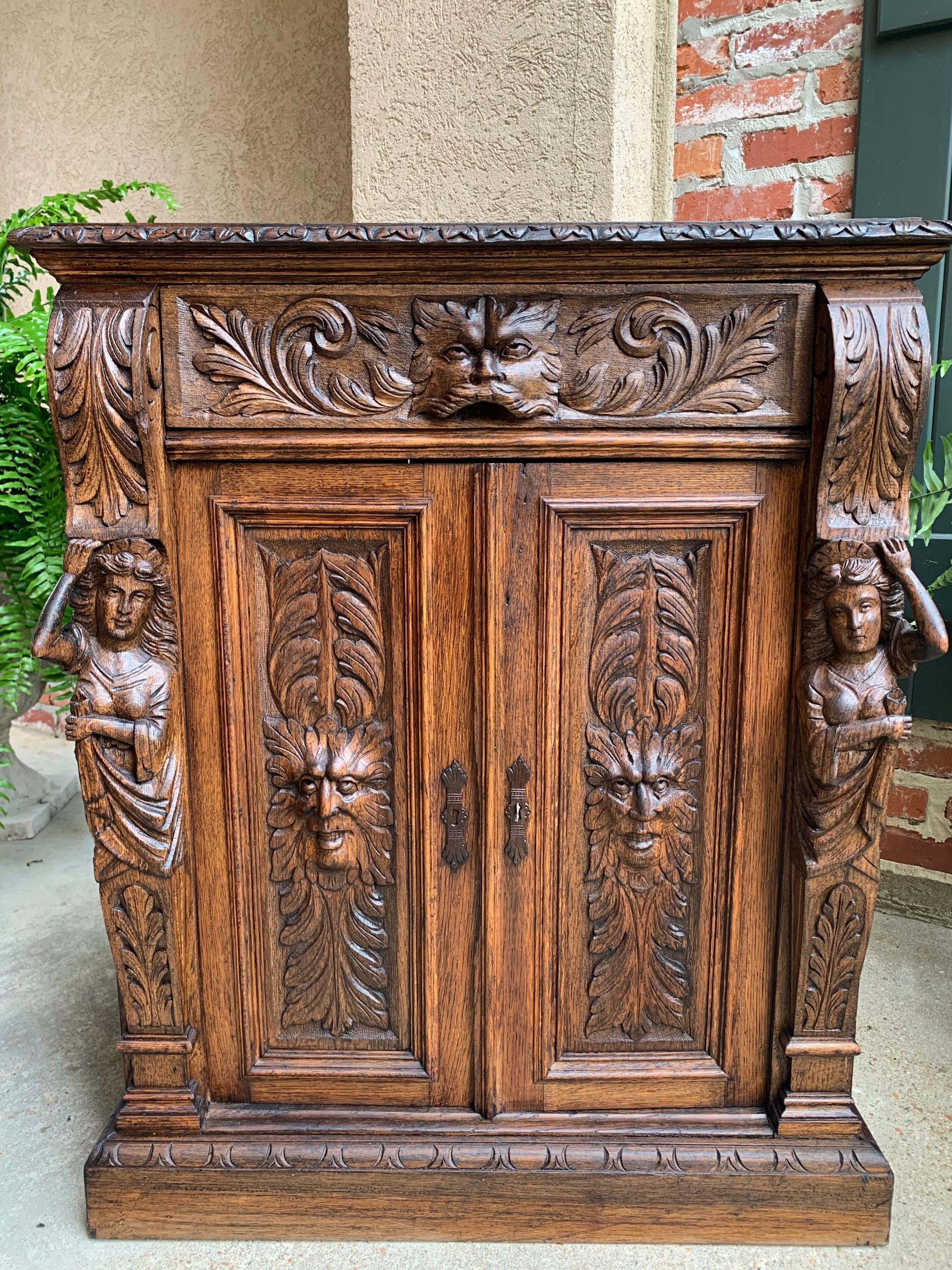 Petite Antique French Carved Oak Cabinet Server Table Renaissance Server Lion 9