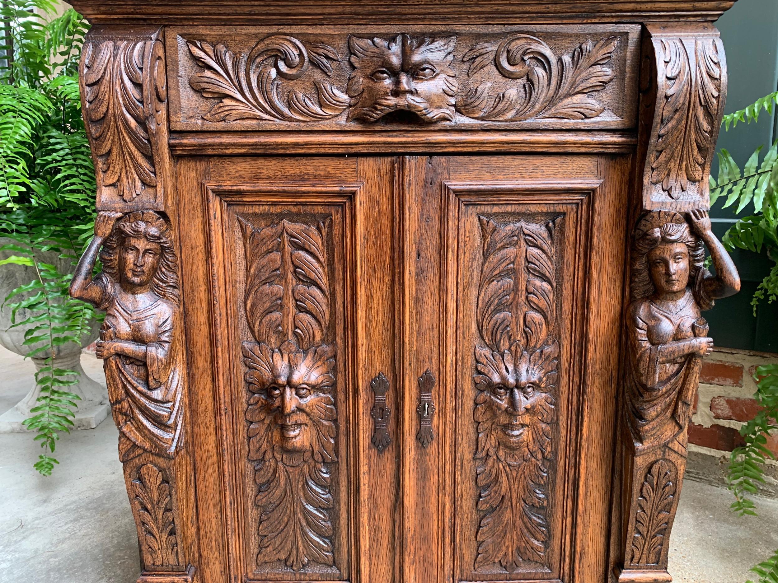 Petite Antique French Carved Oak Cabinet Server Table Renaissance Server Lion 10