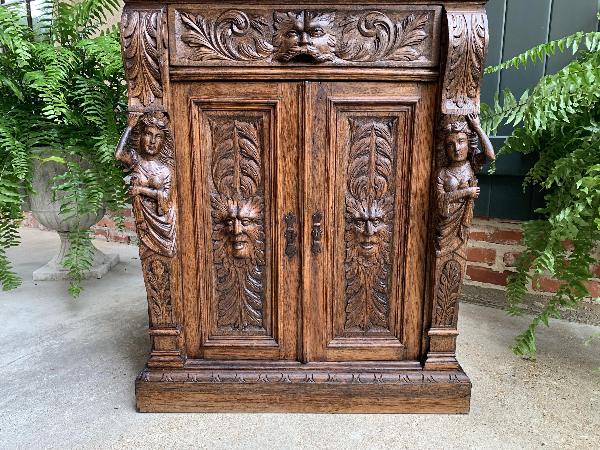 Petite Antique French Carved Oak Cabinet Server Table Renaissance Server Lion 11