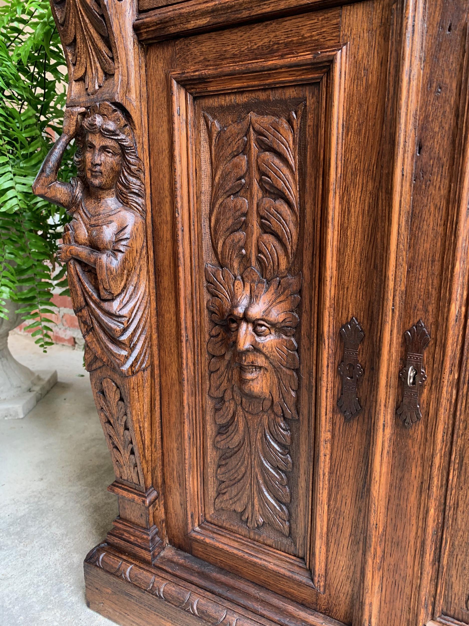 Petite Antique French Carved Oak Cabinet Server Table Renaissance Server Lion 13