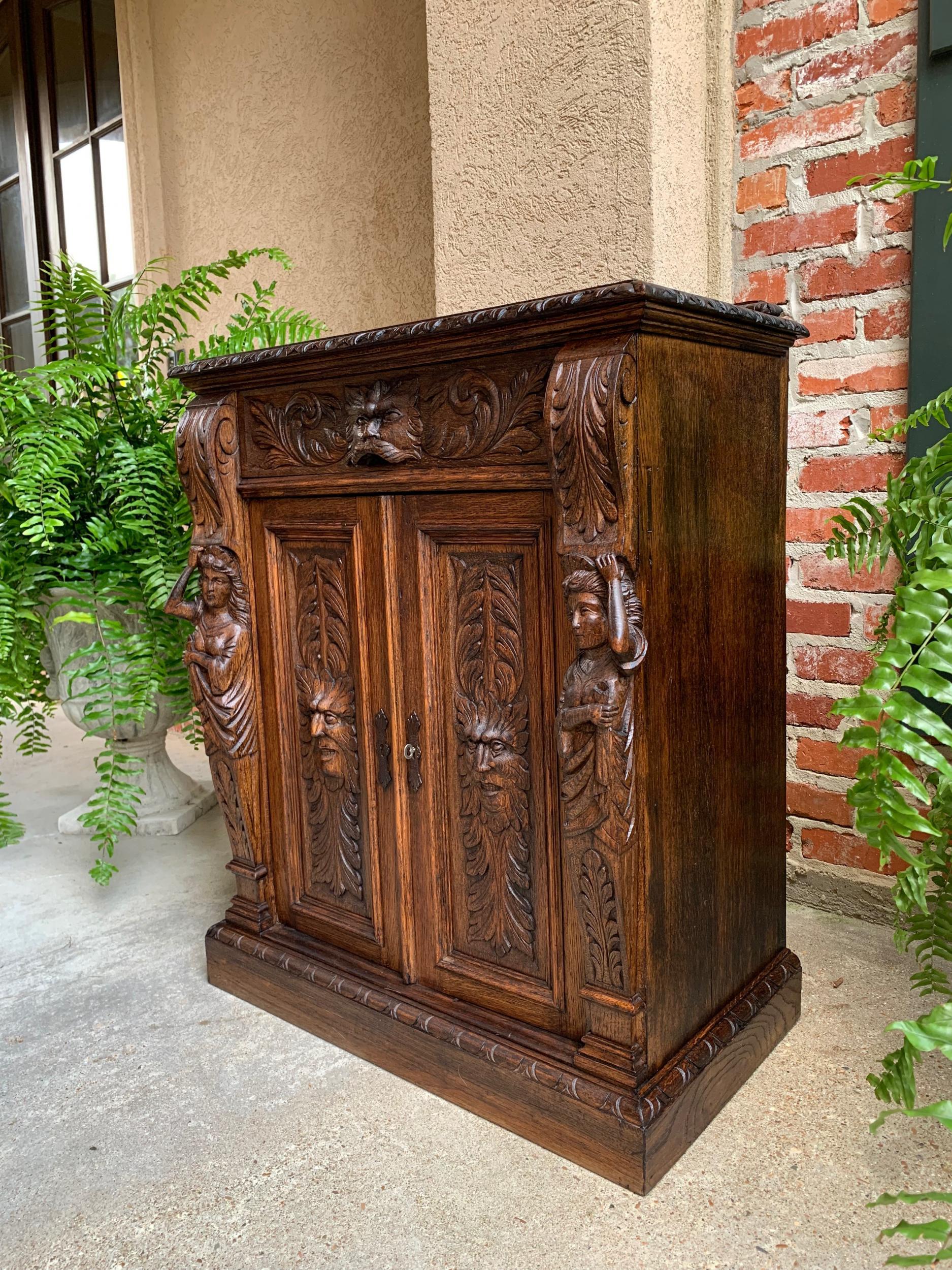 Petite Antique French Carved Oak Cabinet Server Table Renaissance Server Lion 14