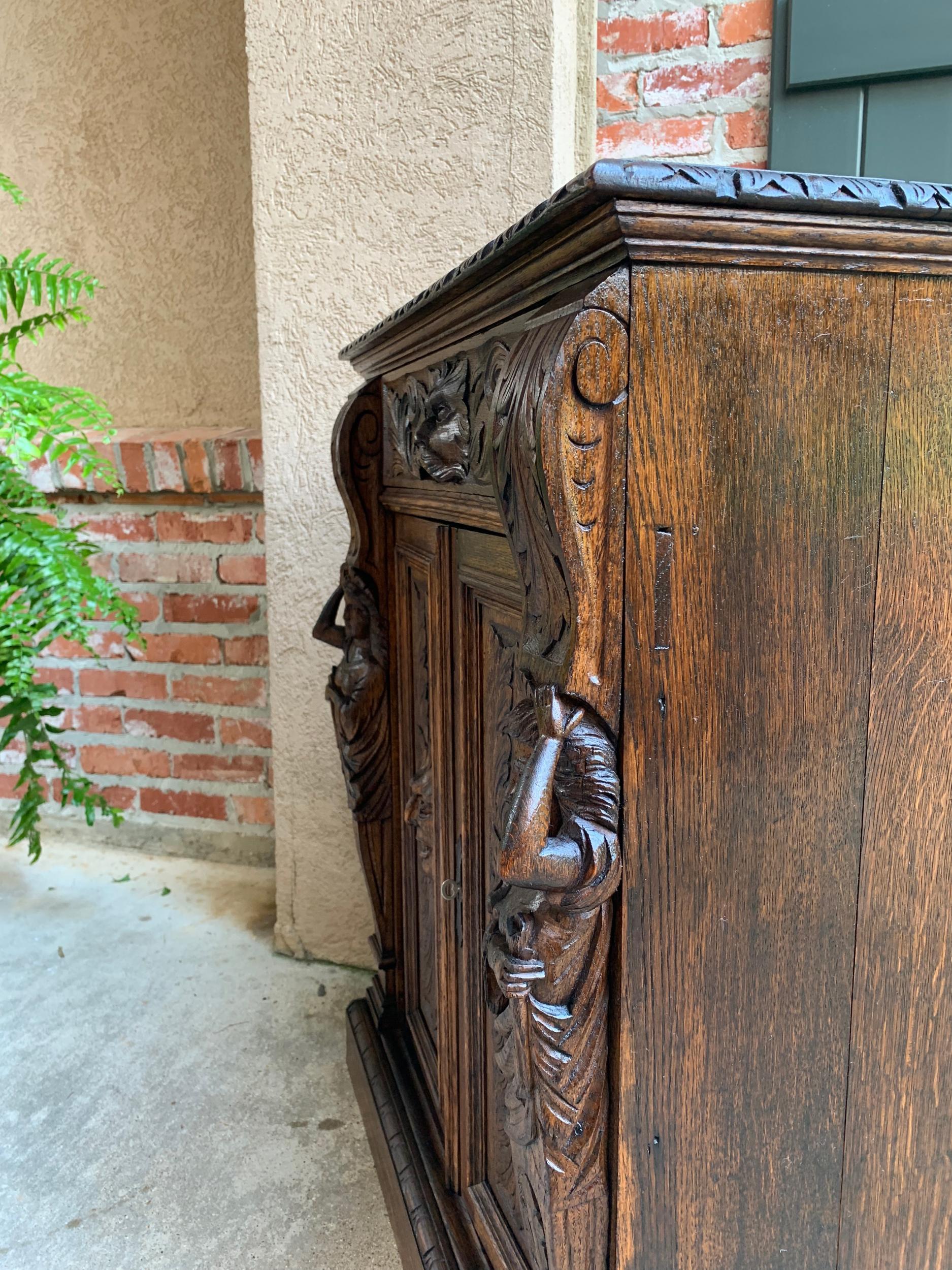 Petite Antique French Carved Oak Cabinet Server Table Renaissance Server Lion 15