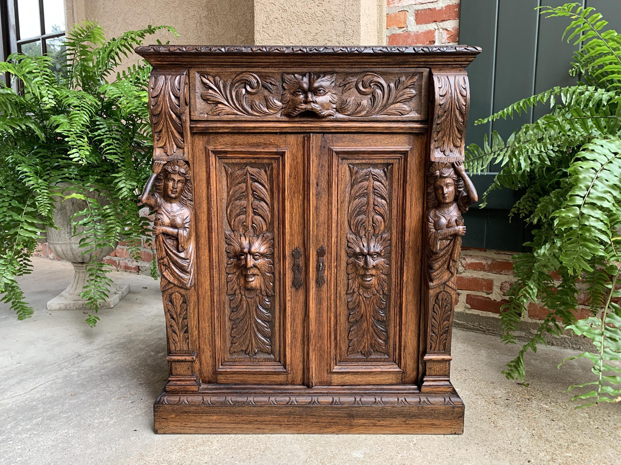 Hand-Carved Petite Antique French Carved Oak Cabinet Server Table Renaissance Server Lion