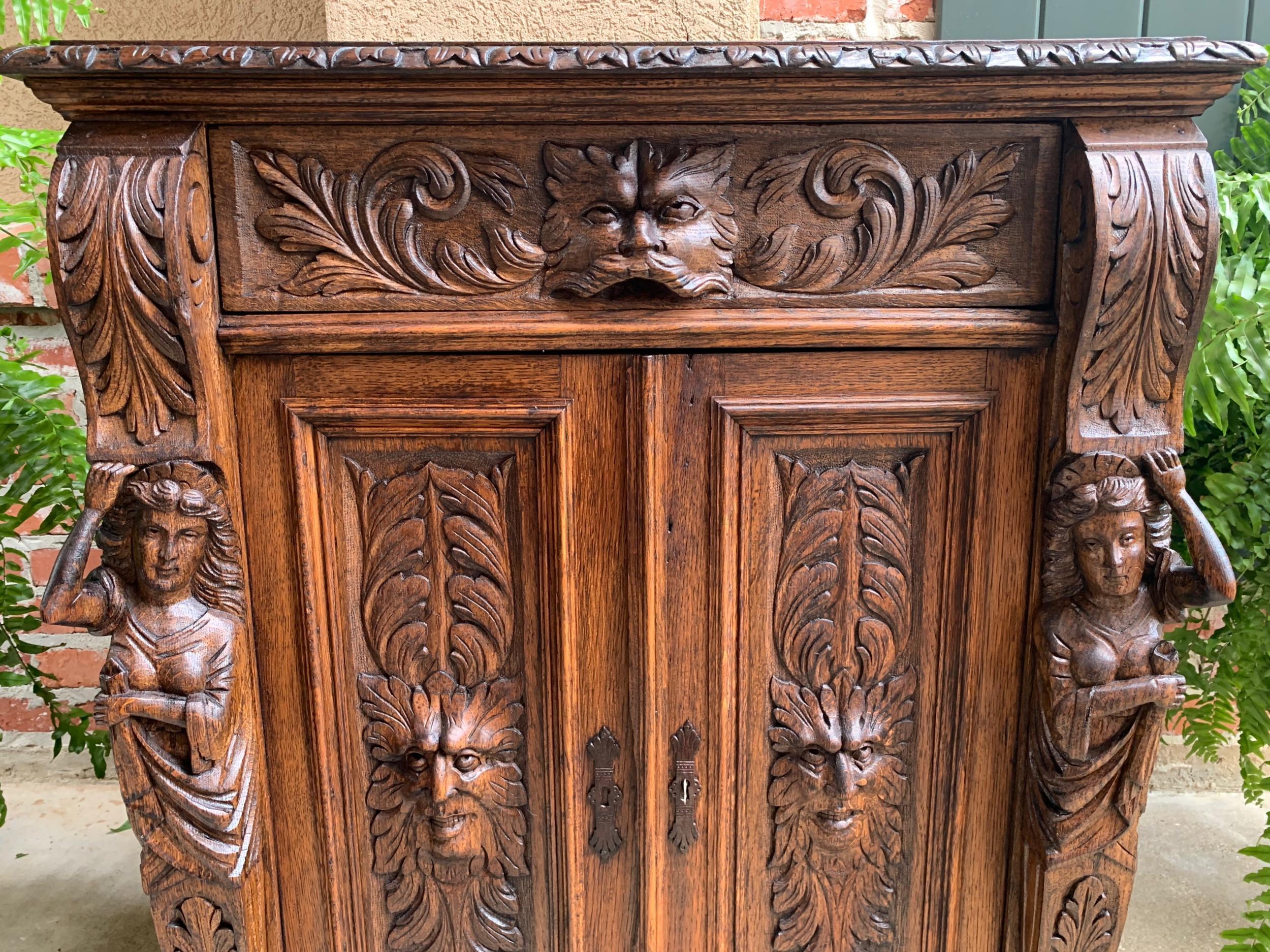Petite Antique French Carved Oak Cabinet Server Table Renaissance Server Lion In Good Condition In Shreveport, LA