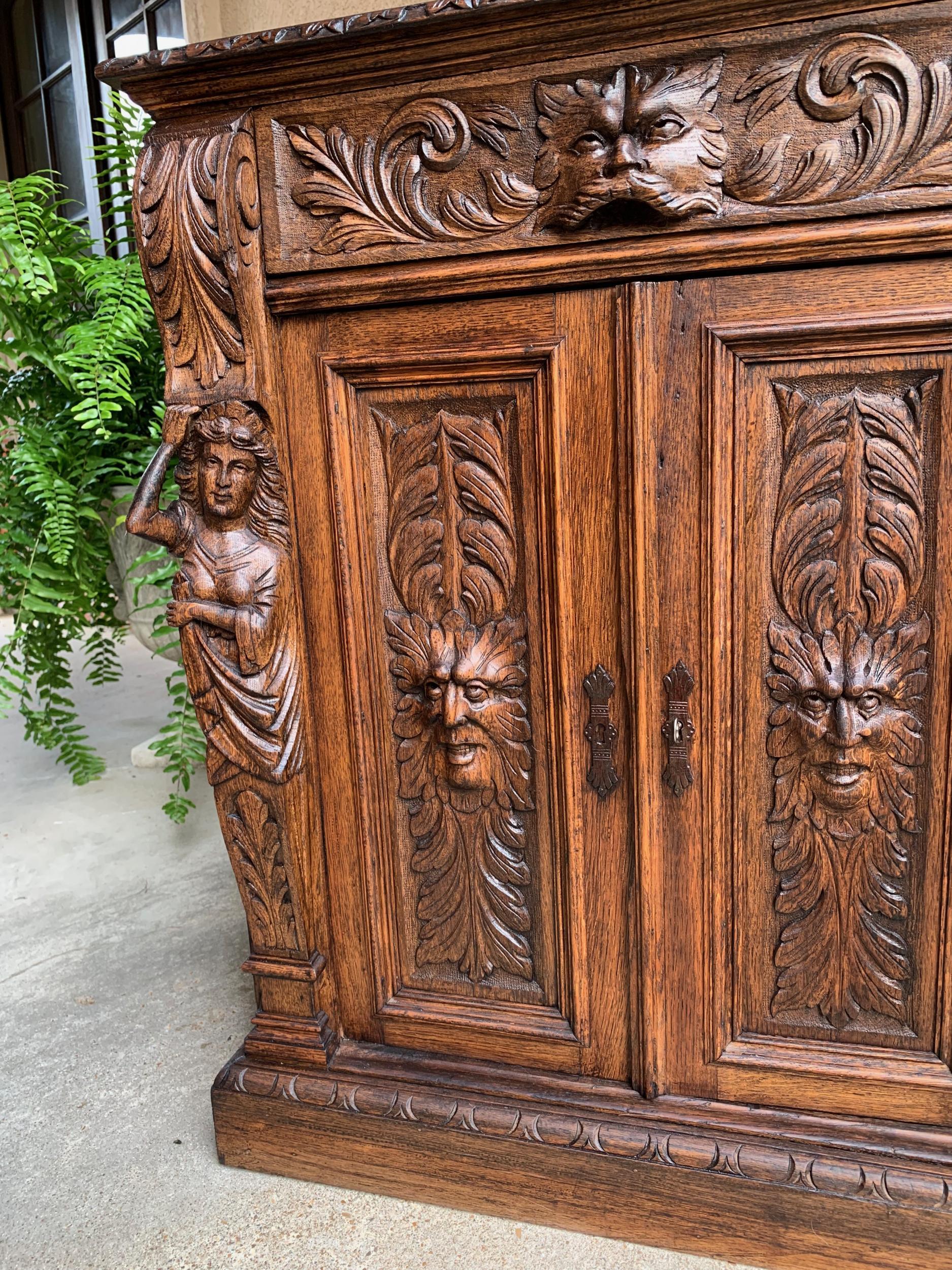 19th Century Petite Antique French Carved Oak Cabinet Server Table Renaissance Server Lion