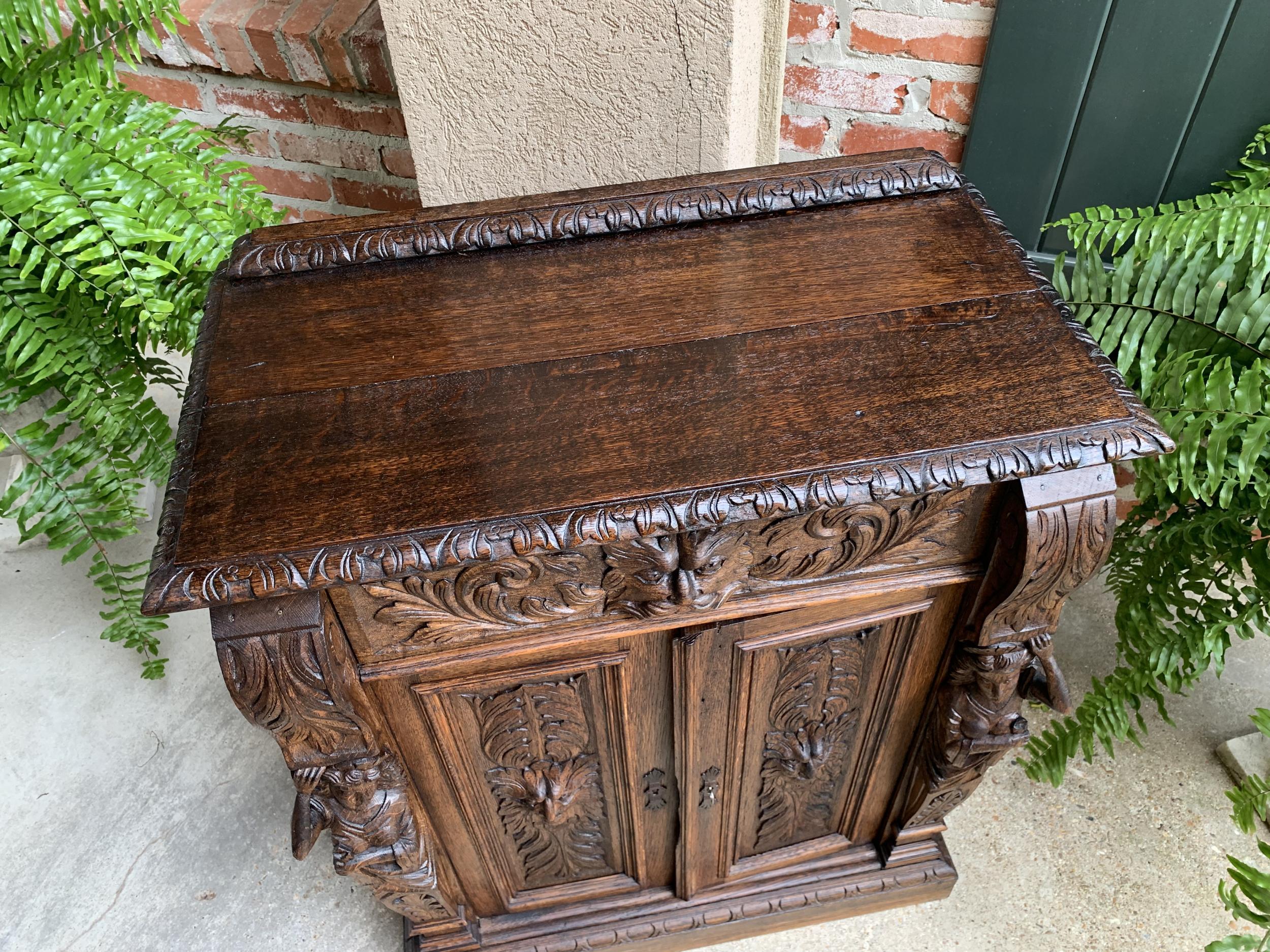 Petite Antique French Carved Oak Cabinet Server Table Renaissance Server Lion 2