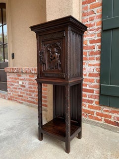 Petite Antique French Carved Oak Gothic Vestment Cabinet Display Bookcase 19th C