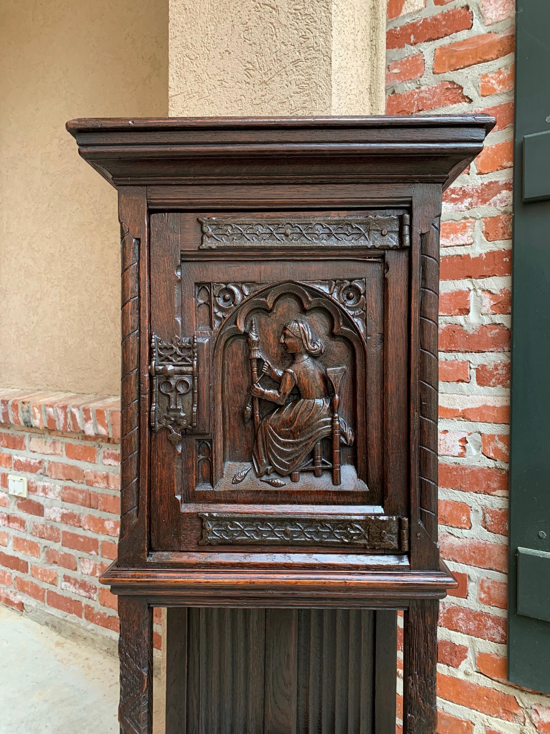 Gothique Petite armoire à vêtements en chêne français sculpté, vitrine, bibliothèque, 19ème C. en vente